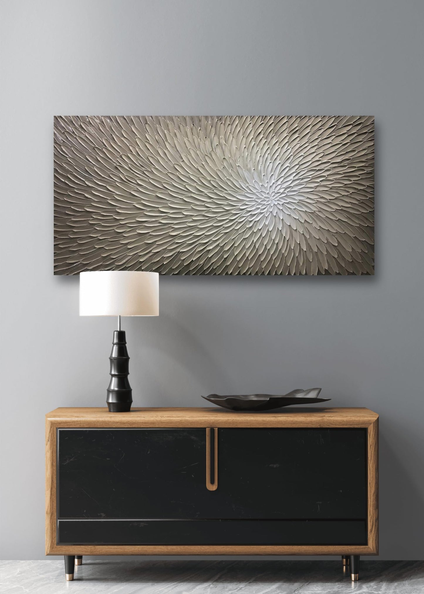 AMEI Art, 24X48Inch Hand Painted Acrylic Wall Art Abstract Knife 3d Oil Painting Textured Floral Artwork Art Wood Inside Framed Hanging Wall Decoration Oil Hand Painting (Silver-brown)