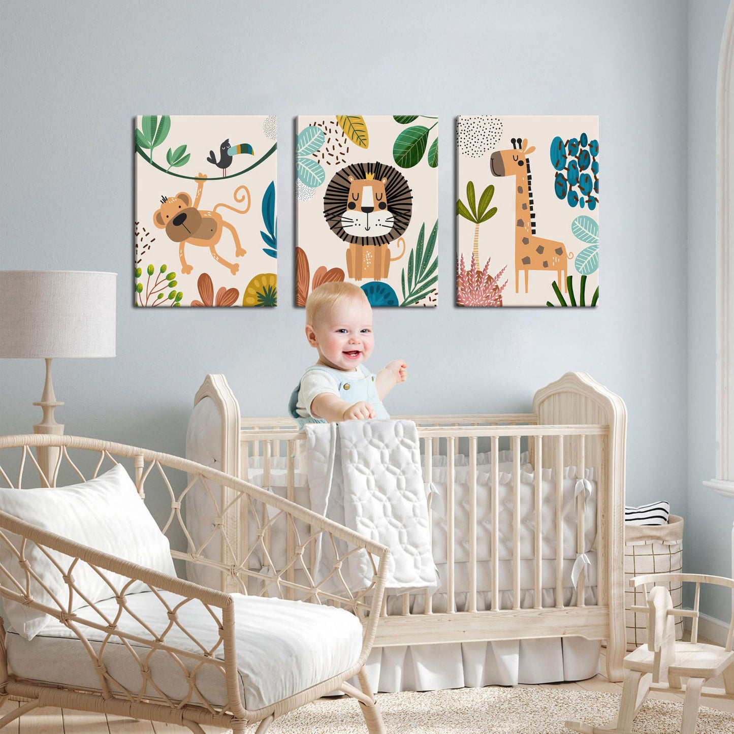 AKWISH Safari Jungle Nursery Wall Decor Set of 3 - Framed Animal Canvas Wall Art for Baby Room, Toddler Boy or Girl Bedroom, Cute Safari Themed Baby Nursery Decor 12x16in