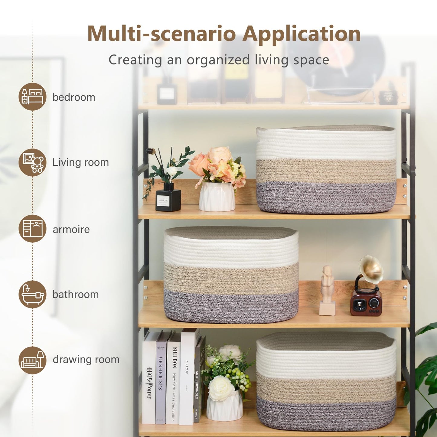 ECDYQXVU Cotton Rope Storage Basket, 15x10x9 Inches, Woven Basket for Shelves, Clothes, Towels, Books, and Laundry, White Brown (1 Pack)