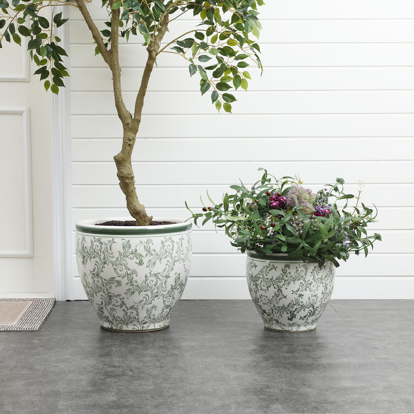 LuxenHome 11.4" Dia Round Ceramic Plant Pots with Floral Pattern, Green and White Large planters for Indoor Outdoor Plants with Drainage Hole, Decorative Flower Pot for Home Garden Patio