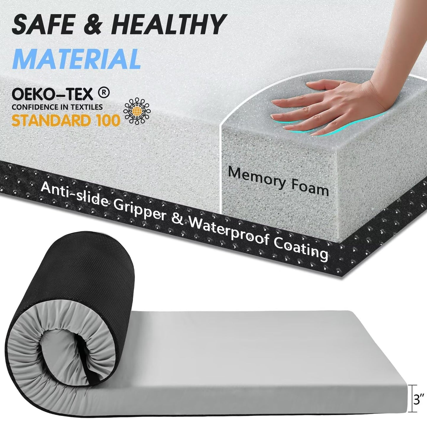 CYMULA Memory Foam Camping Mattress Pad,3 in Sleeping Pad for Camping,Non-Slip Bottom Floor Bed Floor Mattress for Adults,Portable Roll up Mattress Sleeping Mat for Car Travel,Guest Bed (Cot 72 * 24)