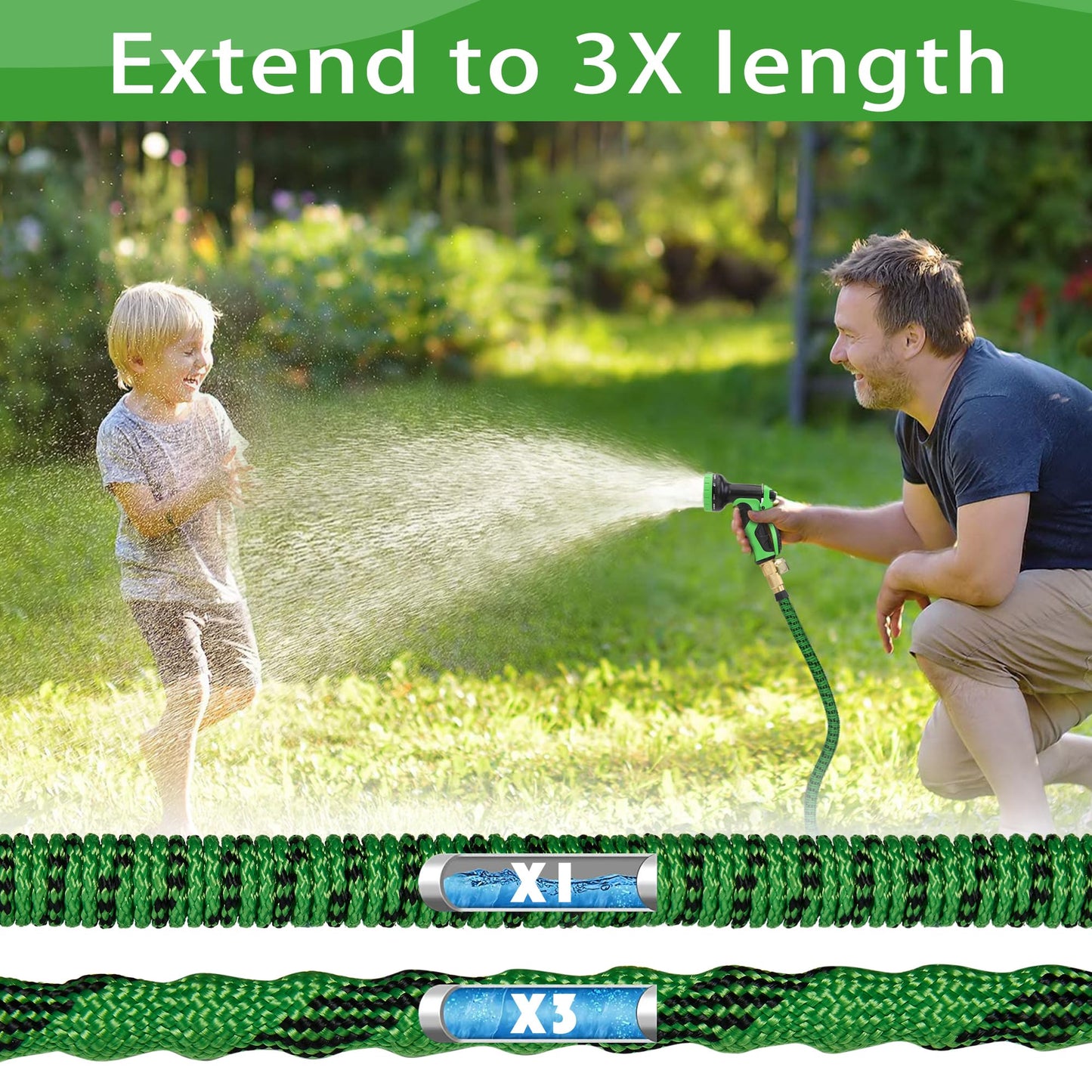 50 ft Expandable Garden Hose -2026 Newly Upgraded Expanding Garden Hoses with 10 Function Spray Nozzle, Extra Strength Fabric, Leak-Proof, Lightweight, Kink-Free Flexible Retractable Hose(Green Black)