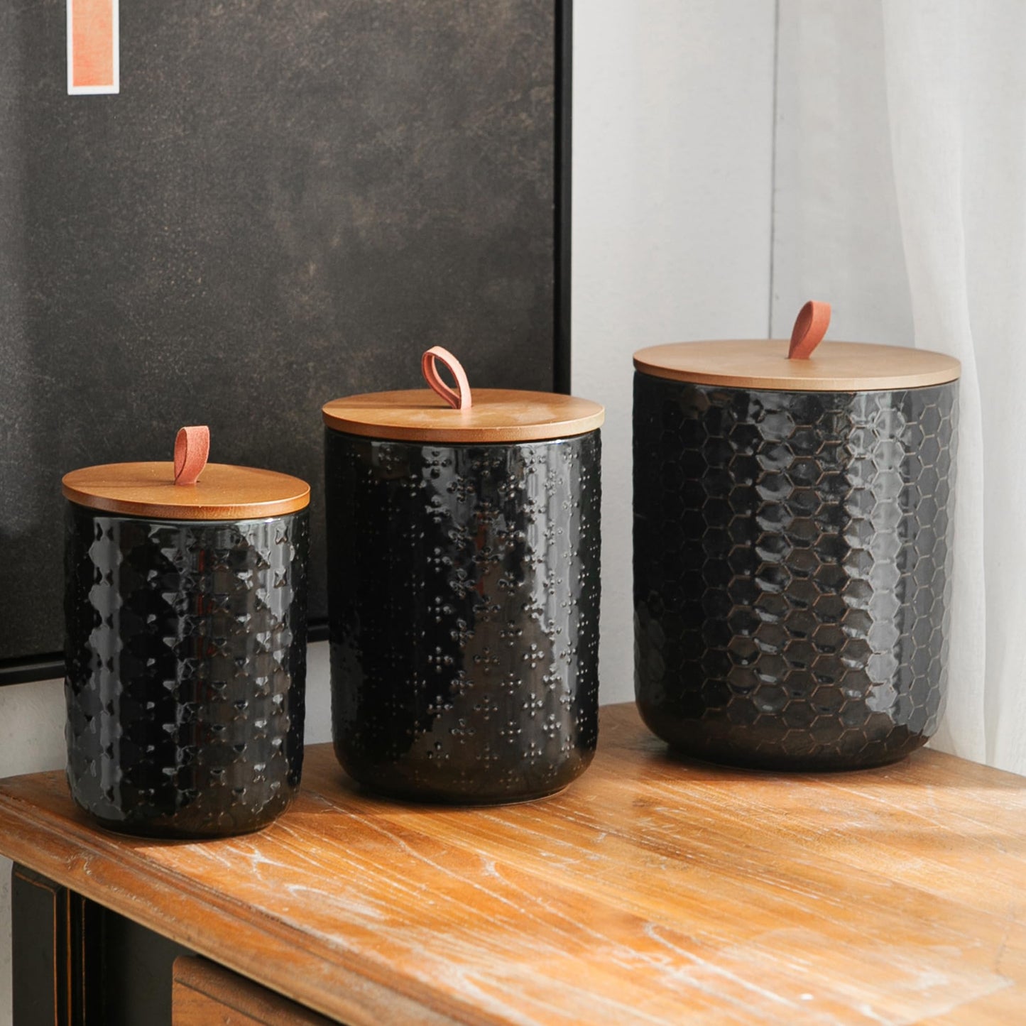 JOJUNO Black Ceramic Canister Set with Wooden Lids – 3-Piece Airtight Food Storage Jars for Kitchen, Embossed Design, Small/Medium/Large Sizes (30/48/82 oz) – Flour, Sugar, Coffee, Tea Containers