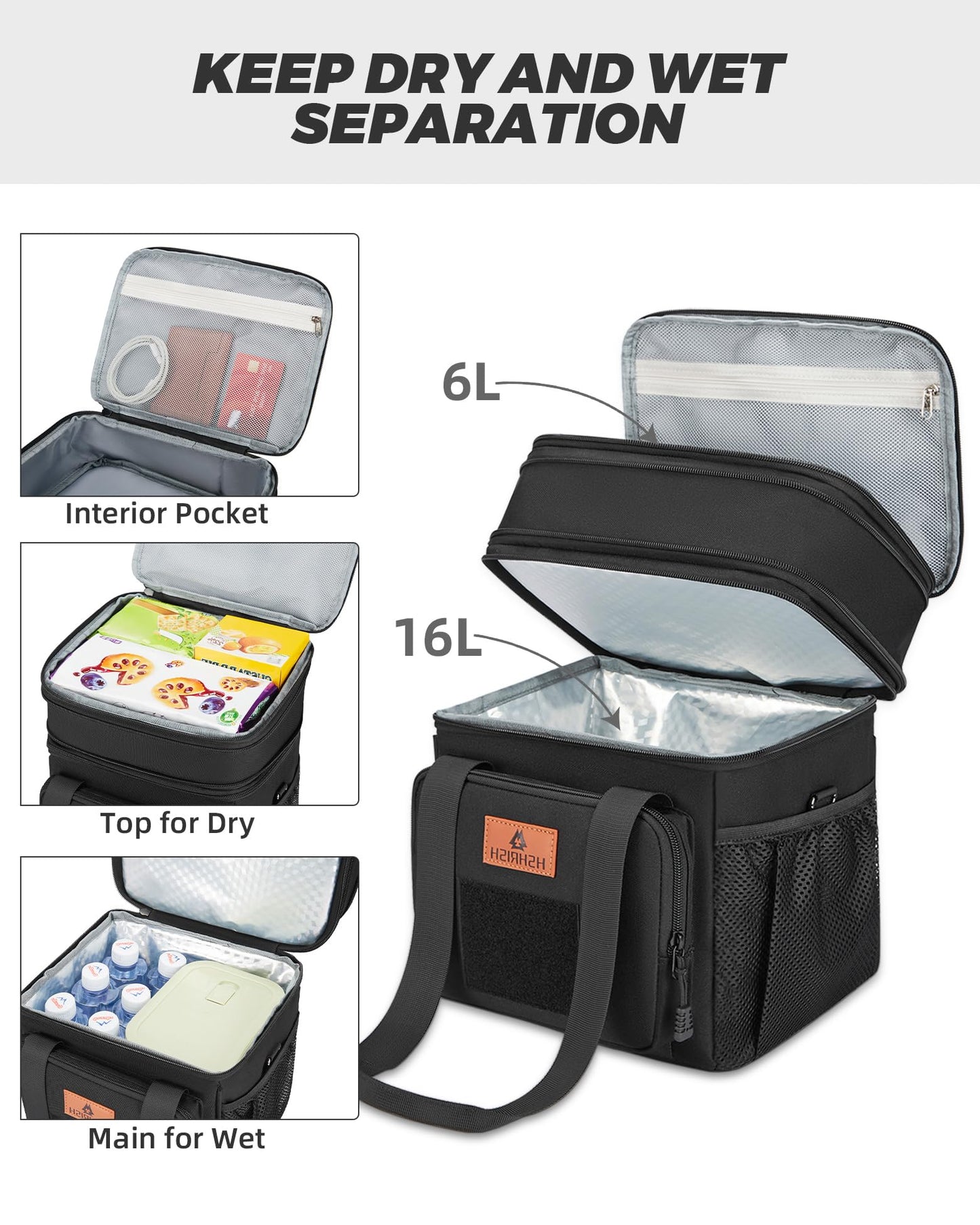 Expandable XLarge Tactical Lunch Box for Adults, Leakproof Insulated Lunch Bag with Lots of Storage Space, Durable Cooler Bag for Men Women Work Outdoor Picnic Trips, 22L(Black), HSHRISH