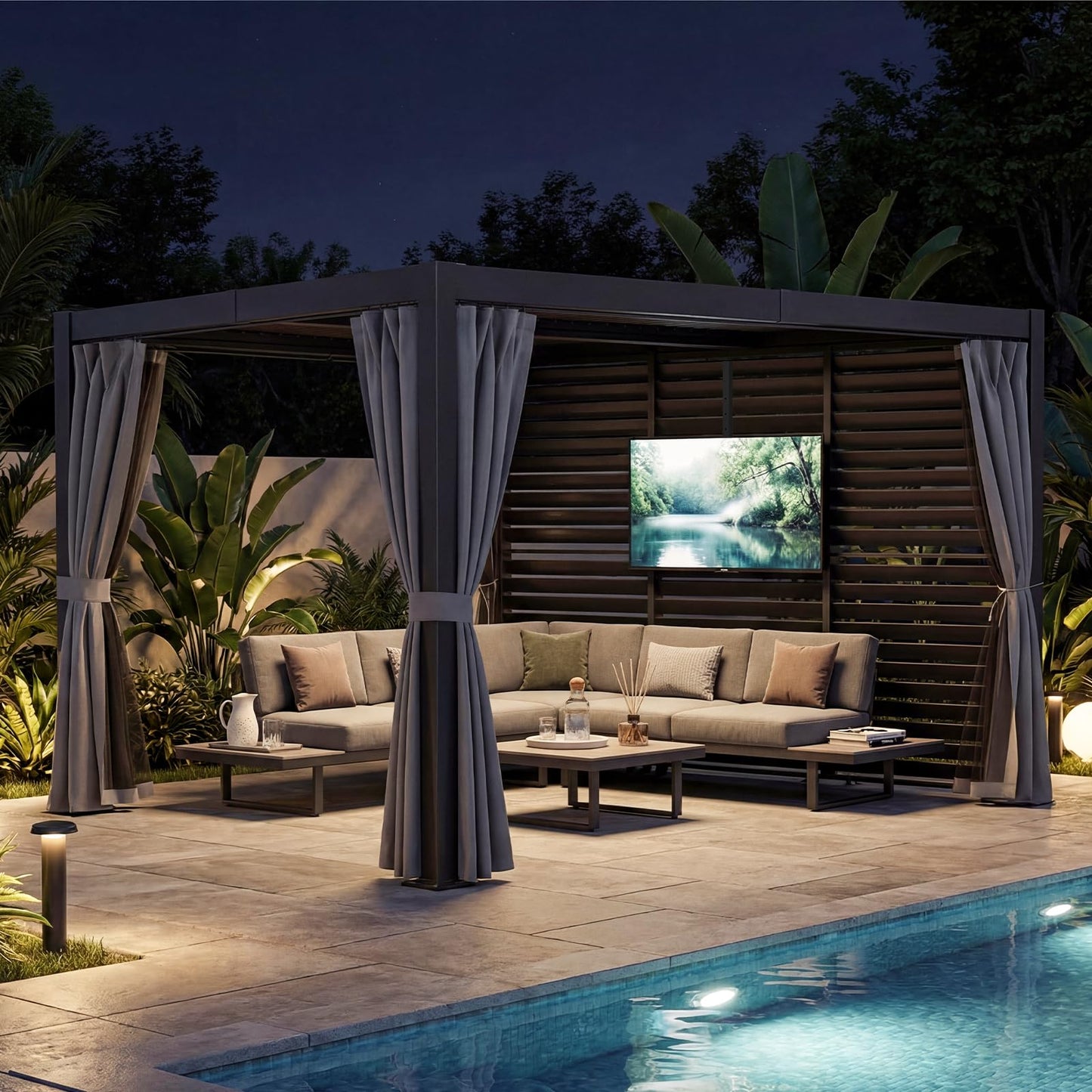 SUNBURY 10x12ft Outdoor Pergola with Curtains & Mosquito Netting, Aluminum Gazebo with TV Stand Base, Modern Patio Shade Structure for Backyard, Deck, Garden, Black