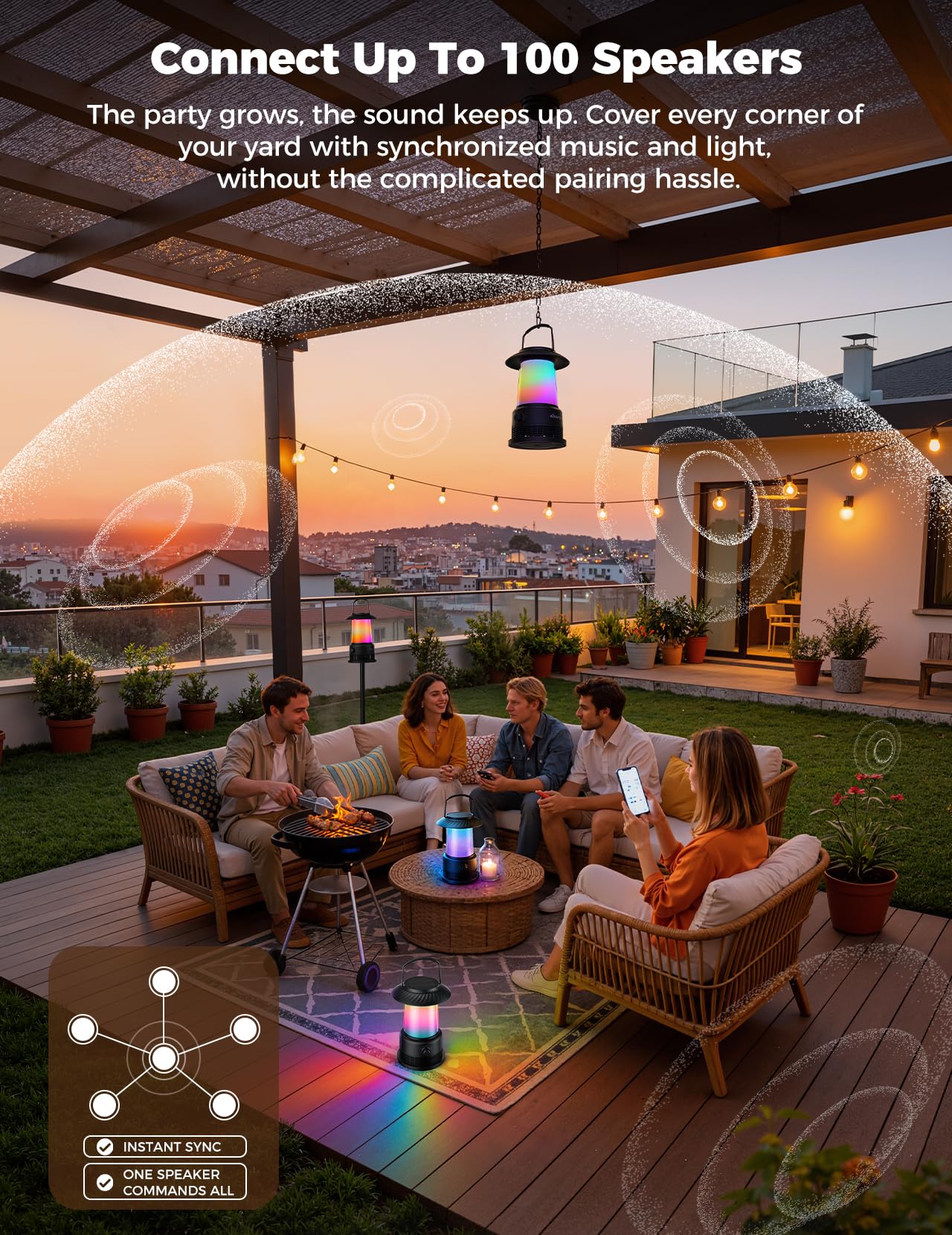 dbsono Outdoor Solar Speakers Home Decor: 2-Pack 30W Stereo Sound with 360° LED Lights|Multi-Sync 100Pcs|IPX7 Waterproof|20H Playtime|Bluetooth 5.4|Lanterns for Patio/Pool/Yard, Gifts for Women Men
