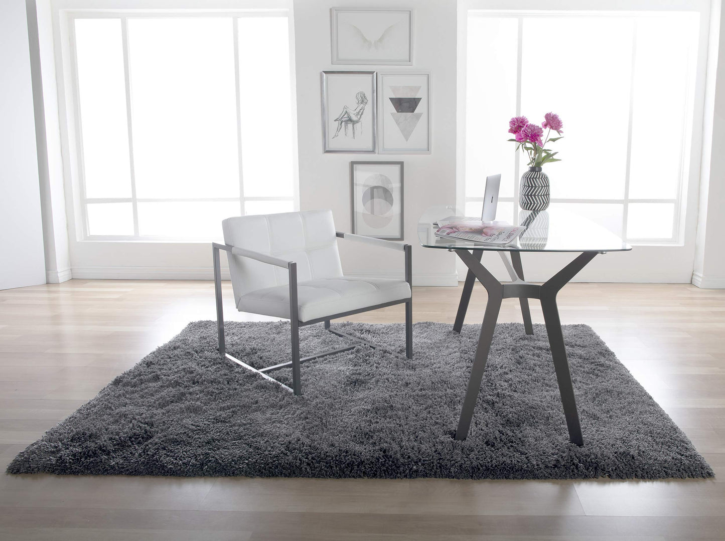 Studio Designs Home Modern Accent Chair Camber Mid-Century, Pewter Grey Metal Frame & White Bonded Leather
