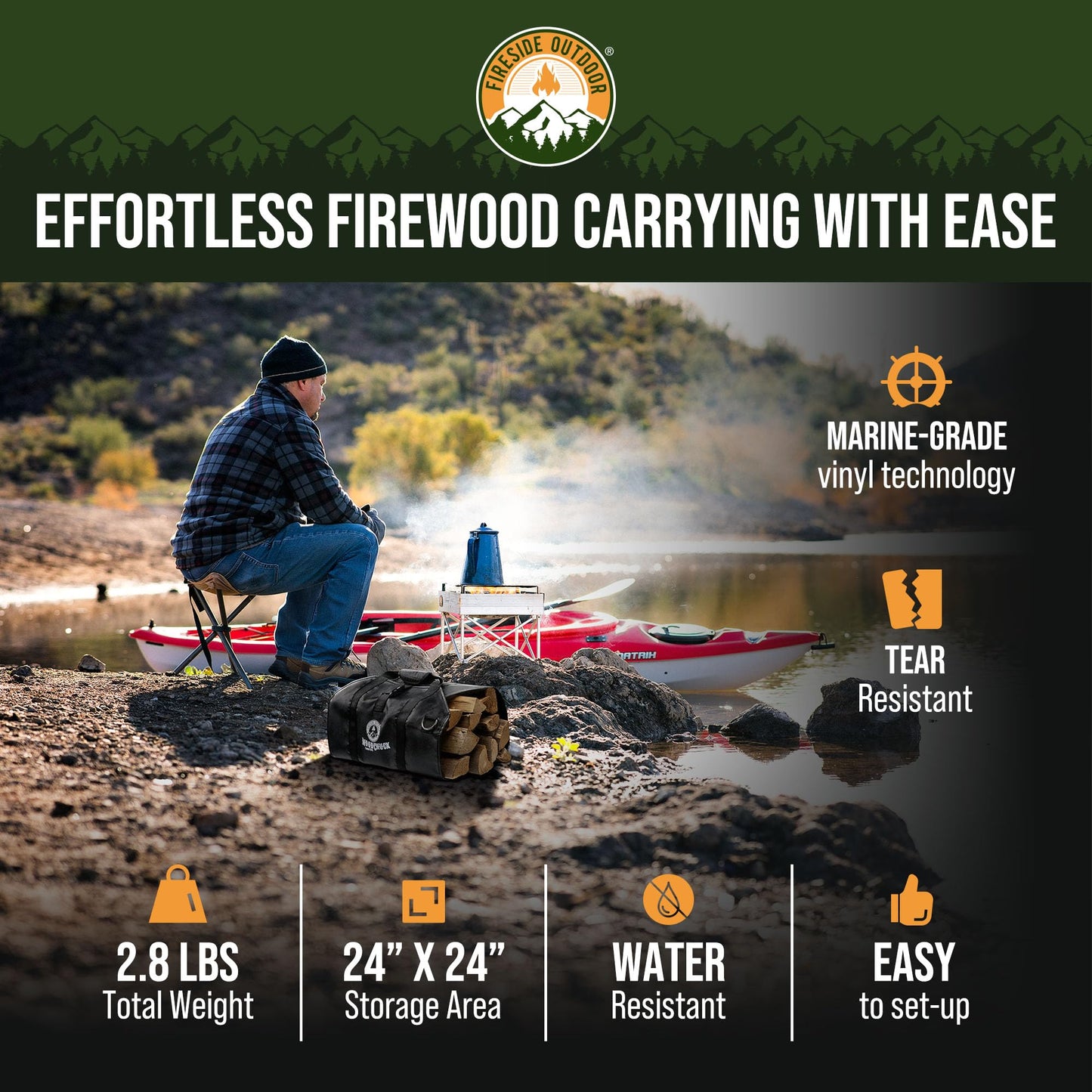 Fireside Outdoor Woodchuck Vinyl Firewood Sling - Firewood Carrier, Log Carrier for Firewood, Fire Wood Carrier Tote, Wood Carrier for Firewood Bag, Wood Carrying Bag, Firewood Carry Bag, Log Tote