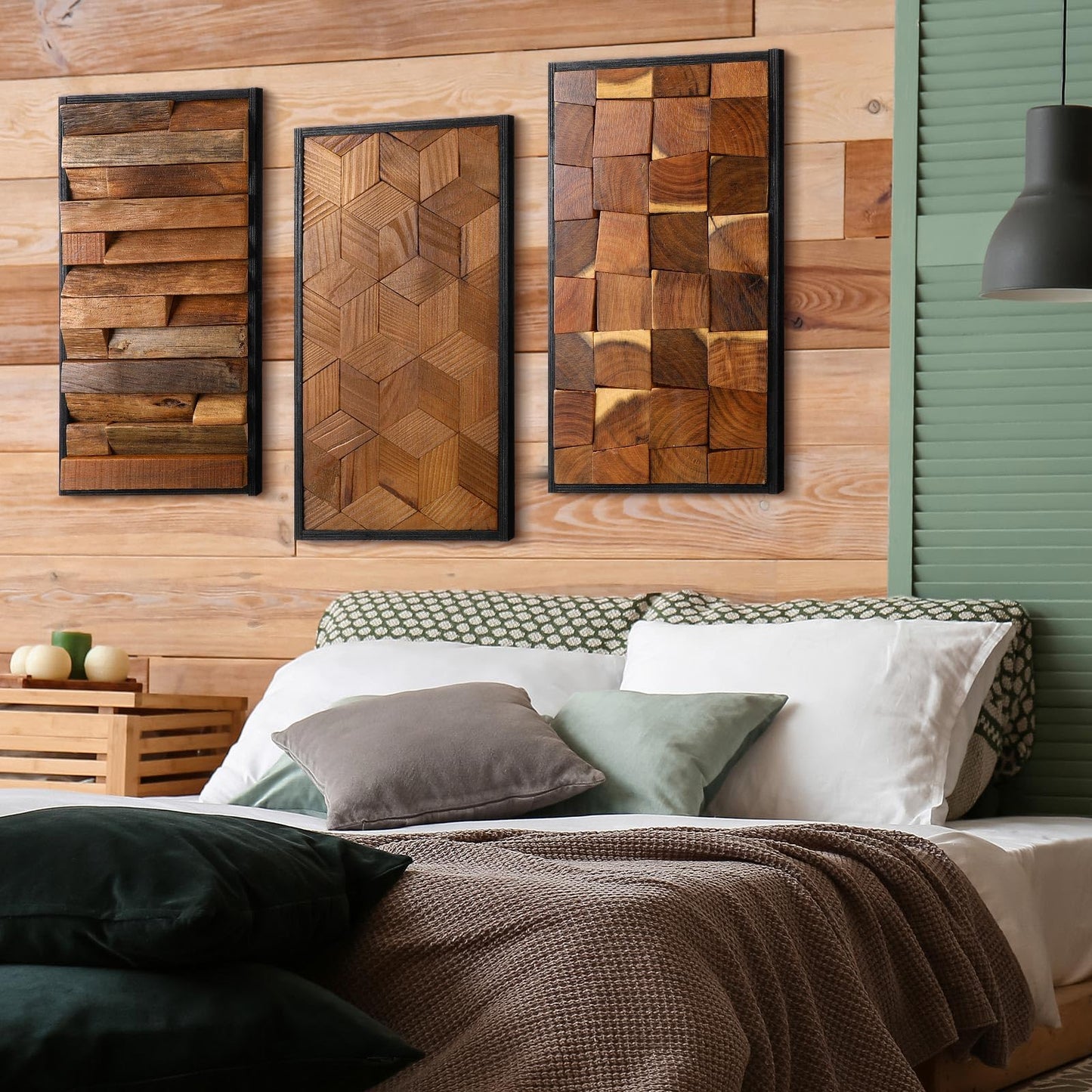 Glenmal 3 Pcs Wood Wall Art Decor 14 x 7 Inch Textured Wooden Wall Art Aesthetic Rustic Cubic Hanging Decor Framed Decorative Farmhouse Bedroom Boho Modern Home Decorations for Living Room