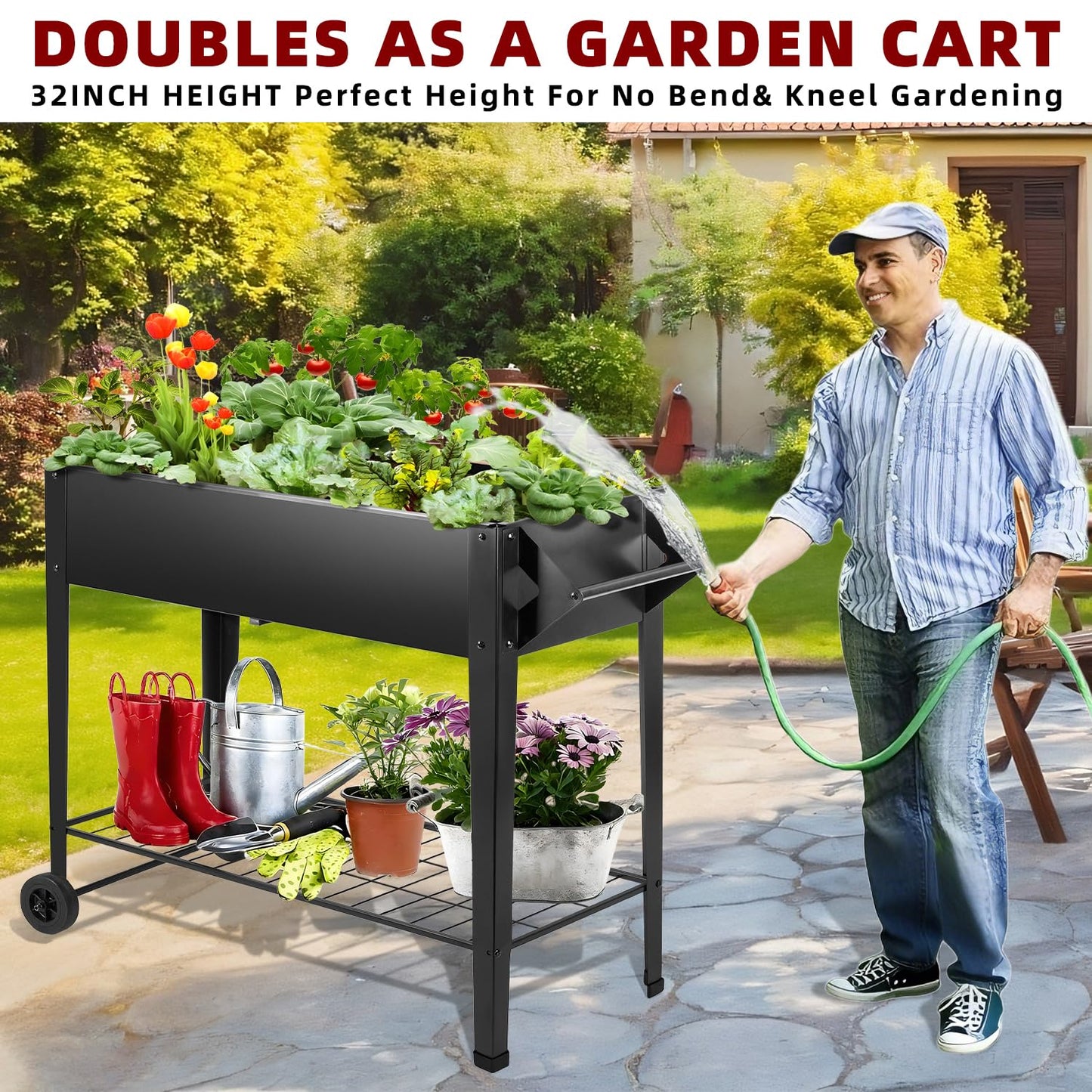 DNKMOR 32" Tall Raised Garden Bed Outdoor with Wheels & Storage Shelf or Mobility,Mobile Anti-Rust Steel Planters for Outdoor Plants,Planter Box for Vegetables/Flower/Herbs,Patio-Balcony-Backyard