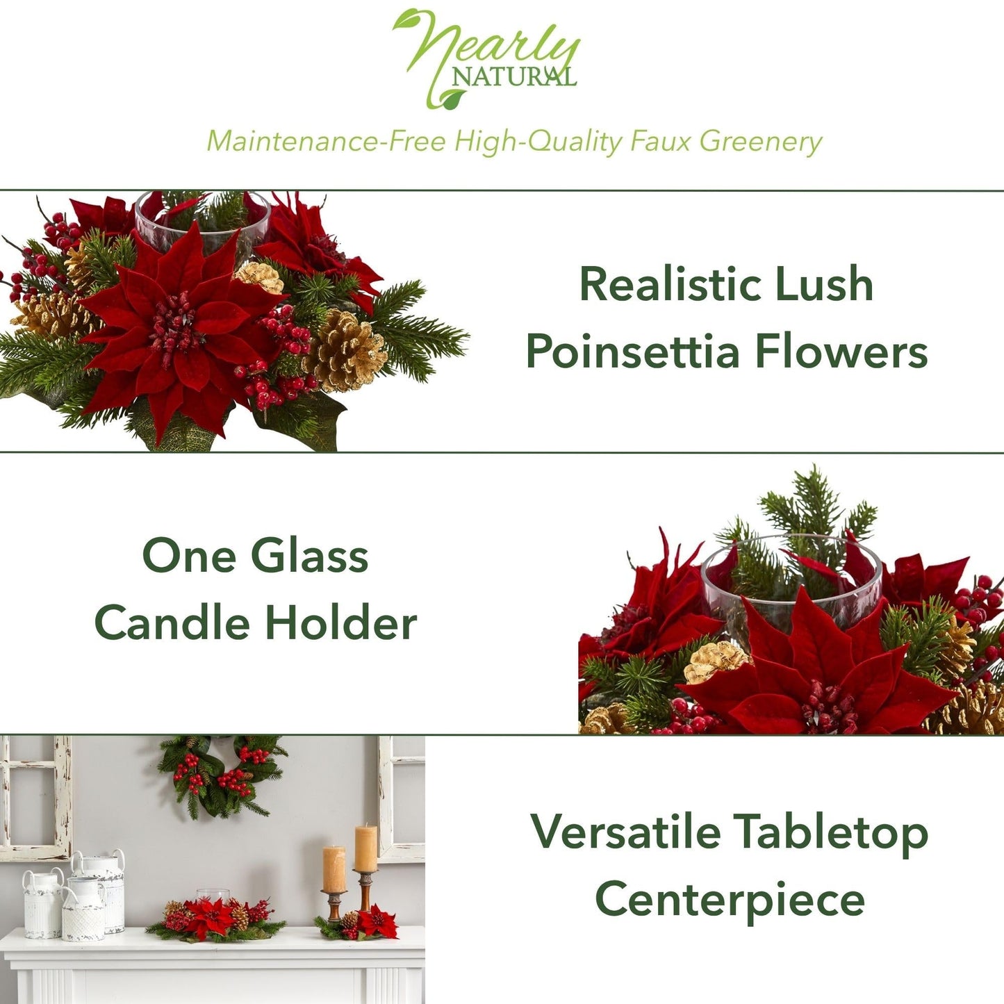 Nearly Natural Poinsettia, Berry and Golden Pine Cone Candelabrum Artificial Silk Arrangements Red 6"D x 14"W x 14"H