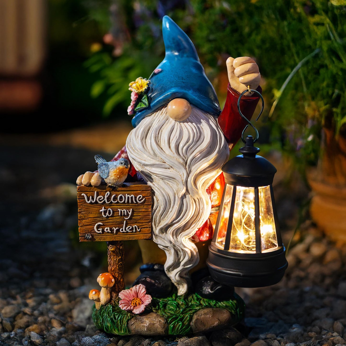 ZQQLITE Garden Gnome Statues Figurine Lights - Solar Powered Lighting Outdoor Decorations with Lantern & Welcome Sign, Yard Art Lawn Ornaments for Porch Patio Balcony - Gnome Gifts for Women Mom