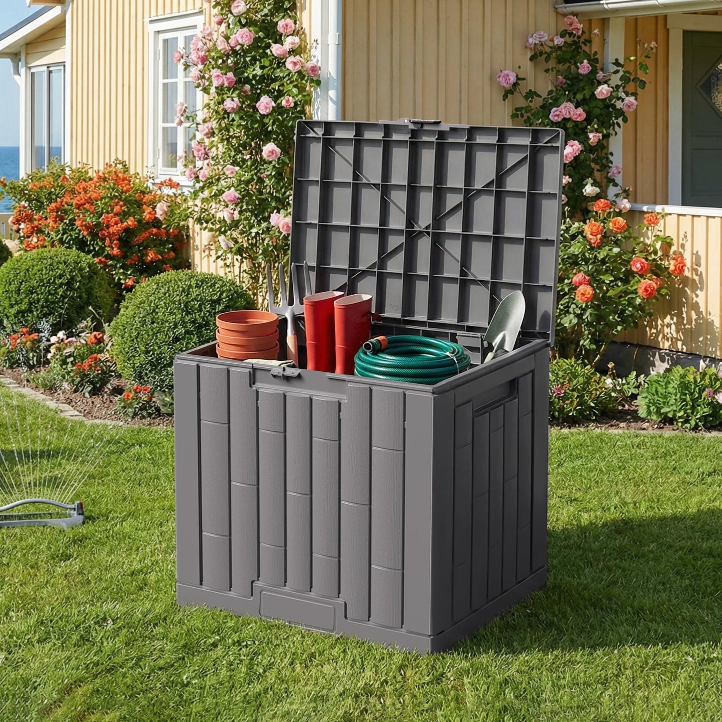 Jocoevol Deck Box 30 Gal, UV Resistant & Waterproof Outdoor Storage Box with Lock, Easy Assemble Storage Bins Container for Pool Patio Garden
