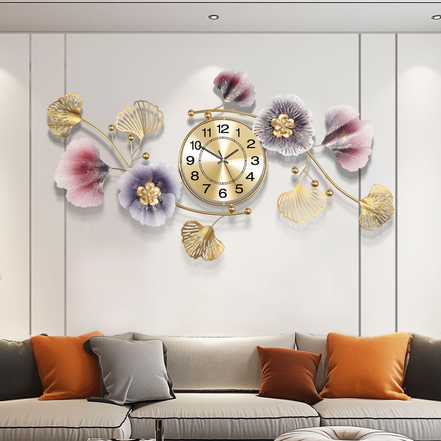 Axioglo Wall Clocks for Living Room Decor,Large Wall Clock,3D Creative Metal Ginkgo Leaf Design,with Silent Movement Wall Clocks for Home Wall Decor Clock（33"x18"）
