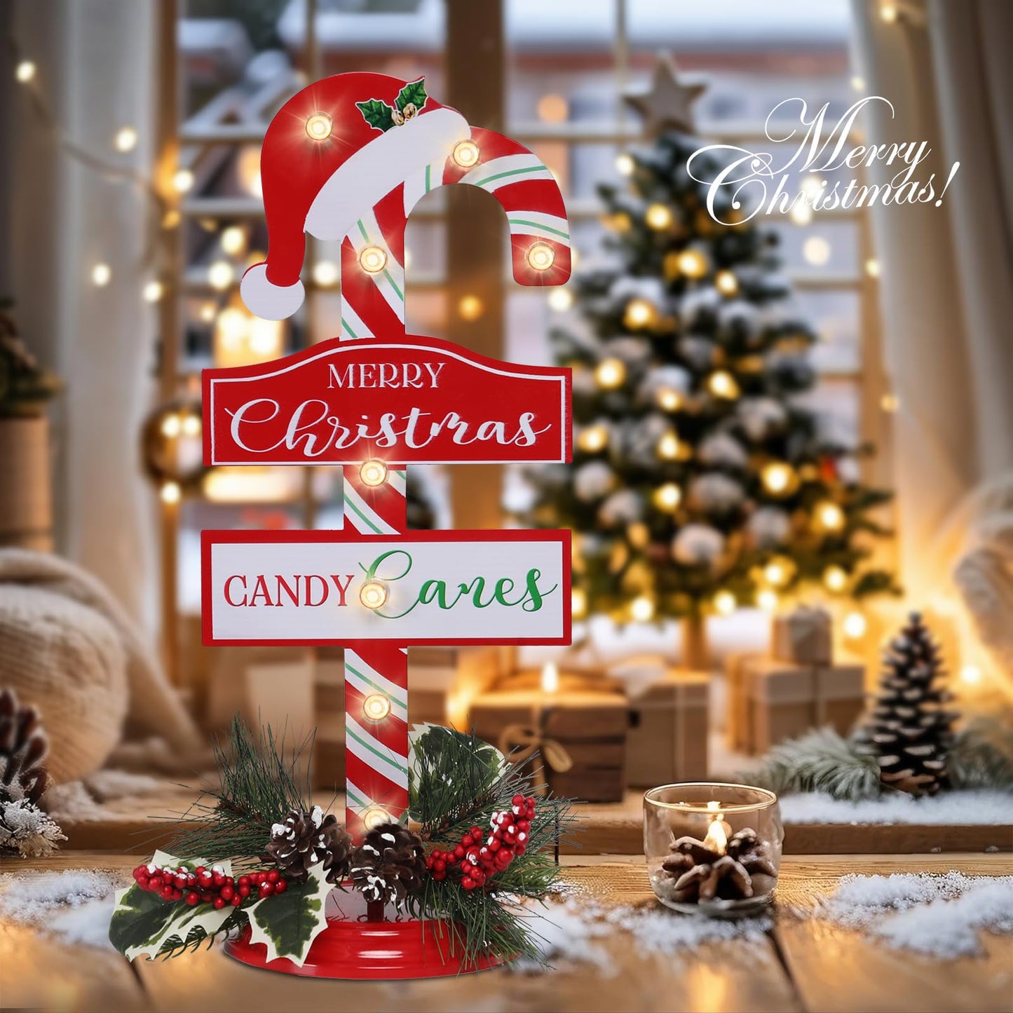 WONDER GARDEN Christmas Signs Indoor - 2 Pack Lighted Candy Cane Signs with Artificial Holly Berries, 16 Inch Metal Standing Merry Christmas Sign Decorations for Home or Party Table Decor Gift(Hat)