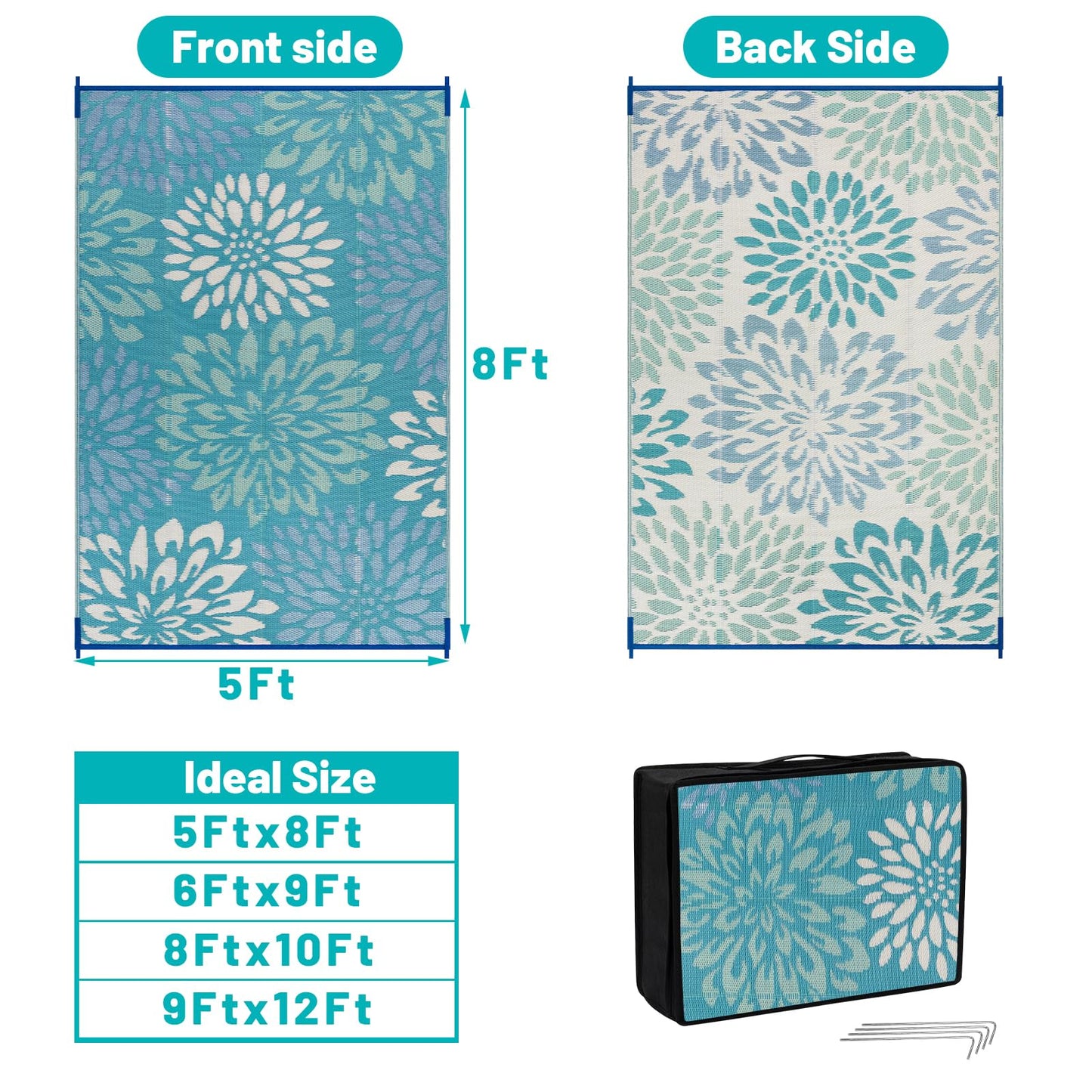 HEBE Waterproof Outdoor Rug 5x8 for Patios, Floral Reversible Plastic Straw Rug Patio Mat, Indoor Outdoor Carpet RV Mat Camping Rug for Deck, Camper, Porch, Balcony, Backyard, Picnic