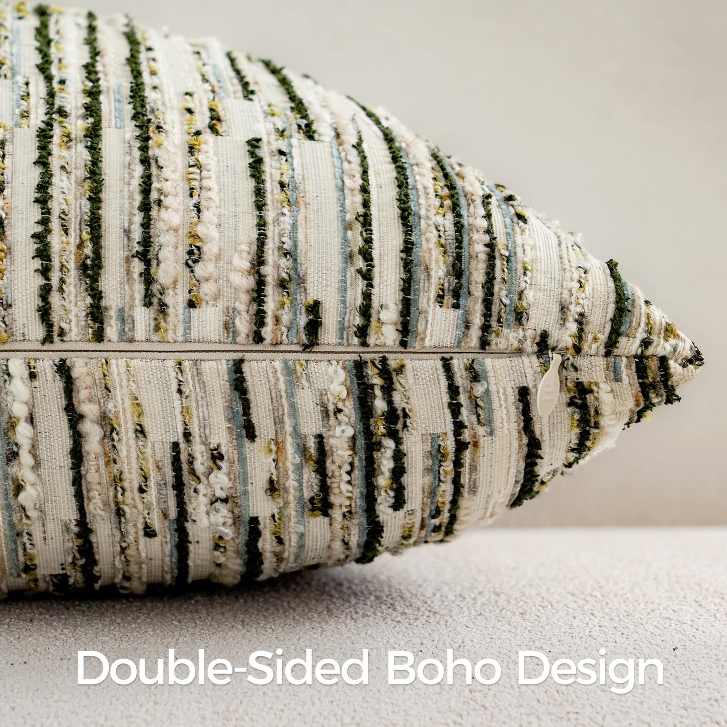 a moment Boho Throw Pillow Covers Set of 2,Striped Decorative Rustic Farmhouse Pillow Cases,Aesthetic Modern Home Decor Couch Cushion Covers for Bed Sofa Living Room 20"X20" Moss Green