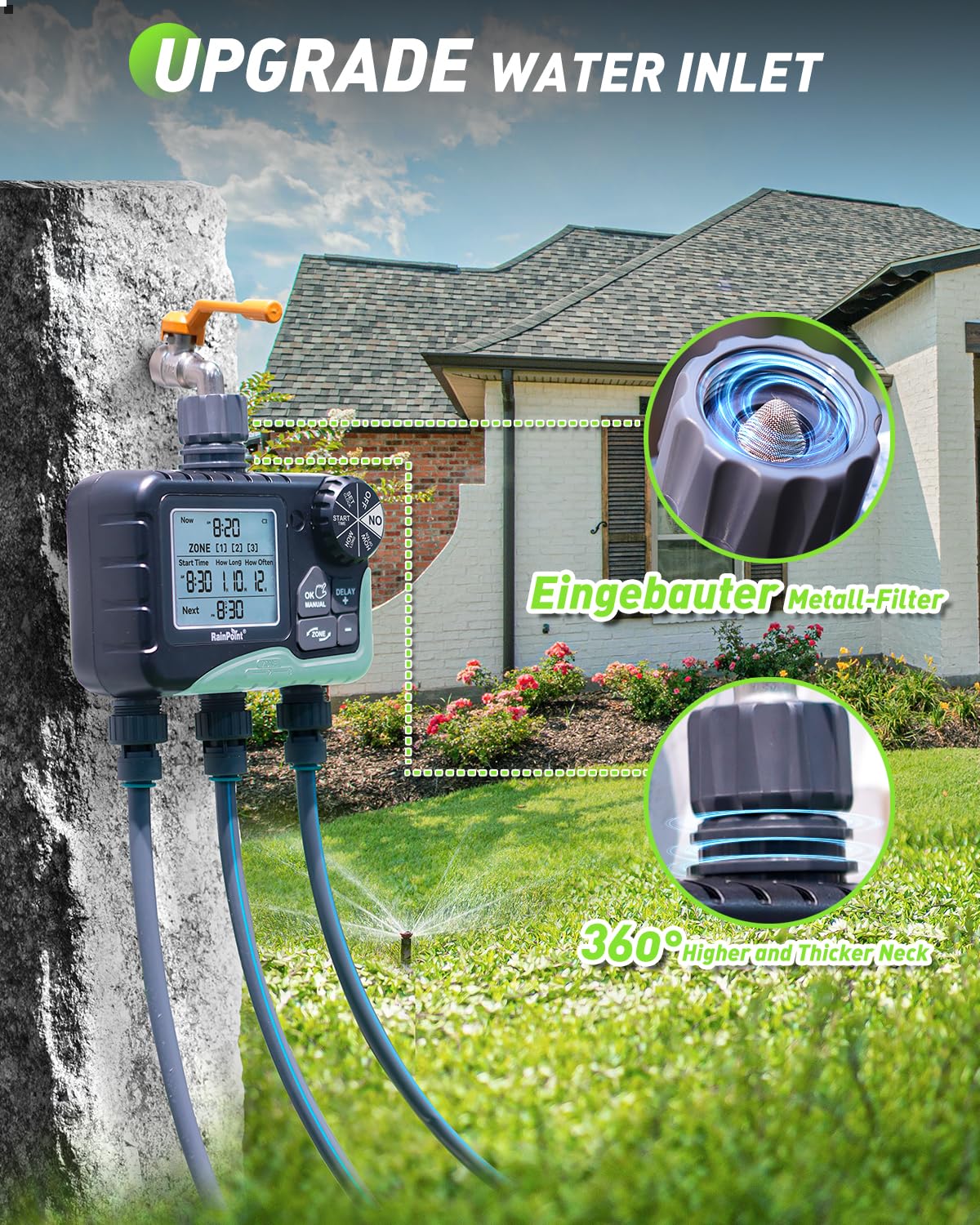 RAINPOINT Sprinkler Timer 3 Zone, Programmable Water Timer for Watering with Automatic/Manual/Rain Delay/Watering Mode, IP65 Waterproof, Large LCD
