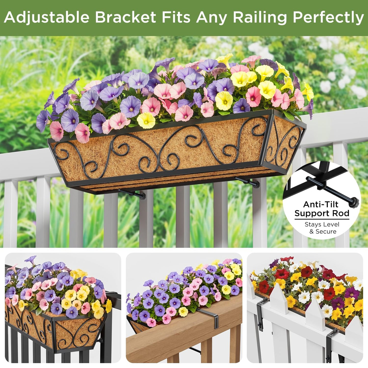 Y&M 24 Inch Window Deck with Coco Liner, Fence Metal Hanging Flower Planter Window Basket Deck Railing Planter Boxes for Outdoor Garden Lawn-Butterfly,2pcs