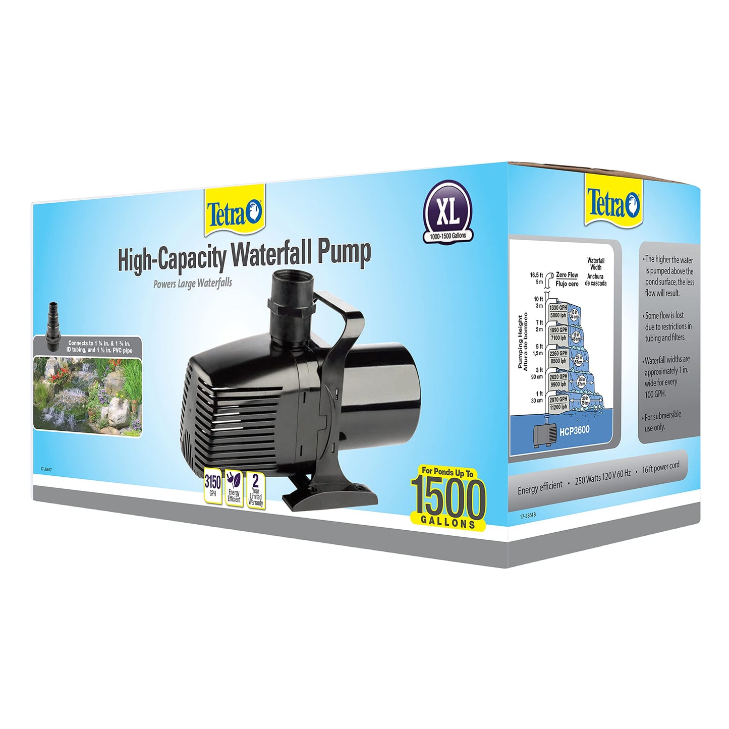 Tetra 14941 pond Waterfall Pump for Ponds, Debris 3150 Gph Handling Pump High Capacity,Ponds Up to 1500 Gallons