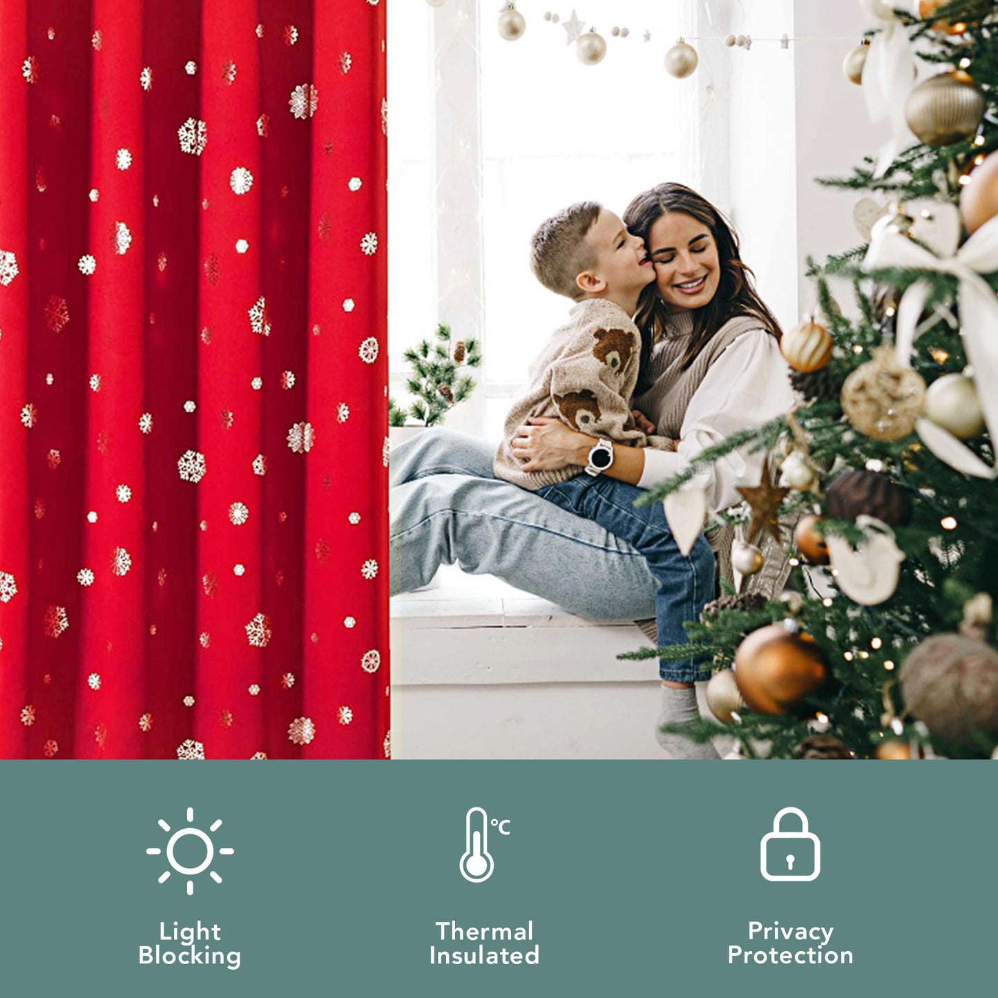 LORDTEX Snowflake Foil Print Christmas Curtains for Living Room and Bedroom - Thermal Insulated Blackout Curtains, Noise Reducing Window Drapes, 52 x 84 Inches Long, Red, Set of 2 Curtain Panels