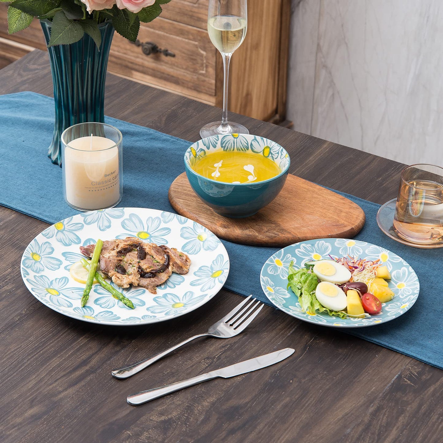 SAGOSKAT 12-pieces Dinnerware Set Ceramic Dish Set Plates Sets Service for 4, Bowl Sets, Stoneware Dinnerware Sets, 12pcs Plate and Bowl Set for kitchen