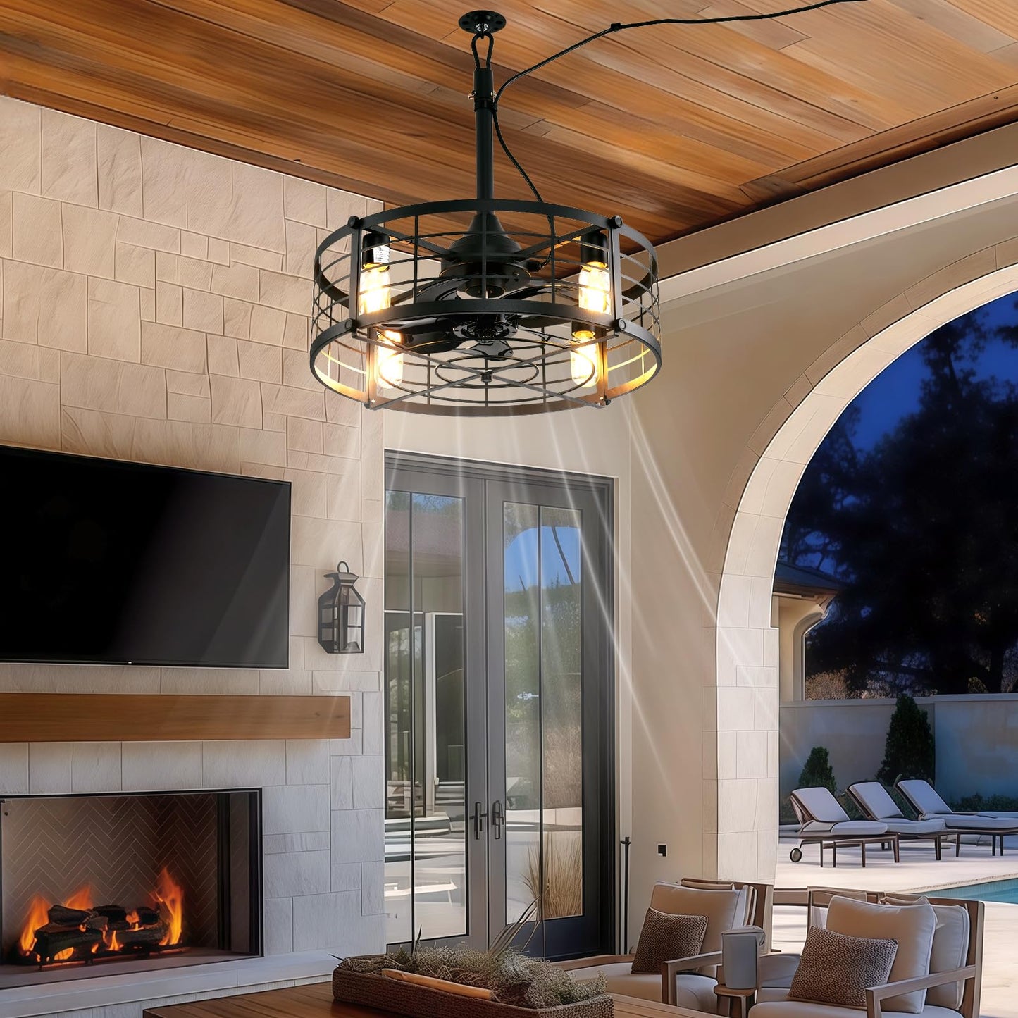 AHAWILL 20" Gazebo Fan, Outdoor Hanging Fan with Llight,6-Speed and Reversible,Plug in Ceiling Fan with Remote&APP,Cage Ceiling Fan with Light for Farmhouse,Gazebo,Patio,Warehouse