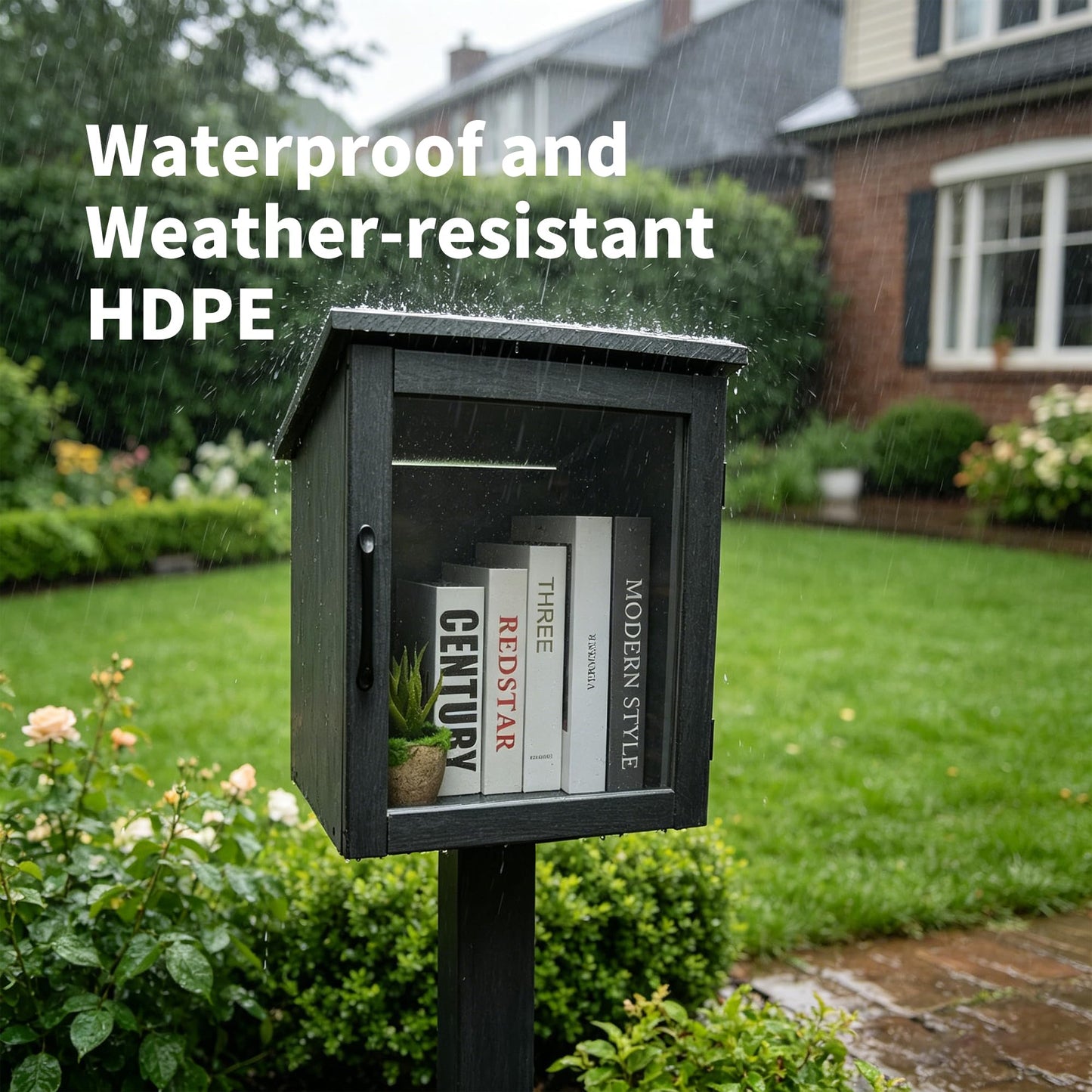BplusZ Little Library Box Outdoor Waterproof HDPE Book Storage Small Deck Patio Resin Cabinet Bin Outside Free Shed Container for Lending Neighborhood Community, Gray