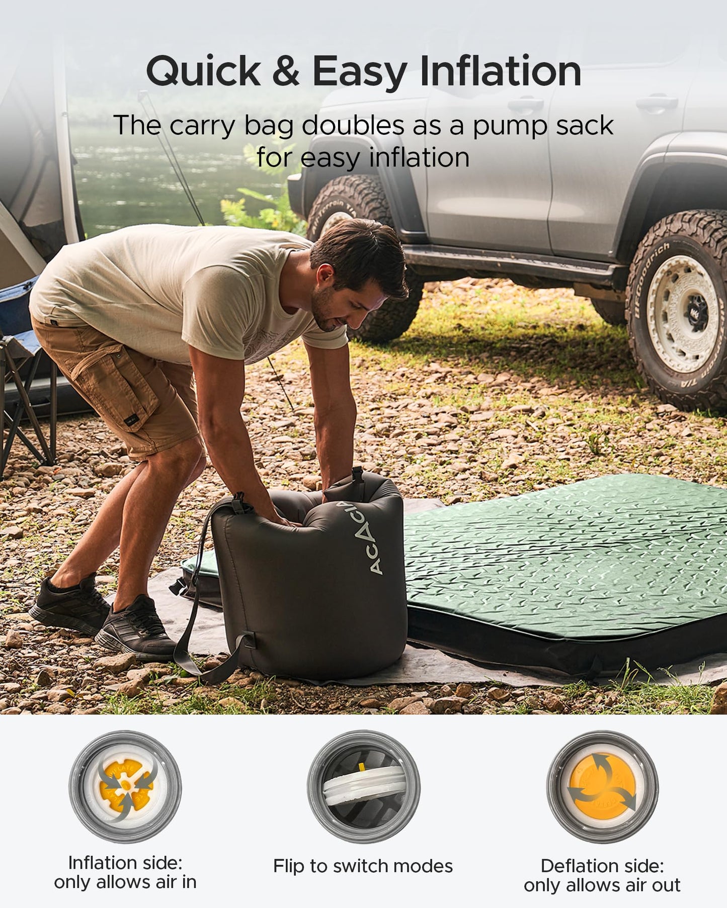 Acacia 4.3" Thick Self Inflating Sleeping Pad with Foam | Innovative Y-Shaped Telescopic Structure | Ultraportable Camping Mattress | Outdoor Compact Air Mat for Tent Car | Single