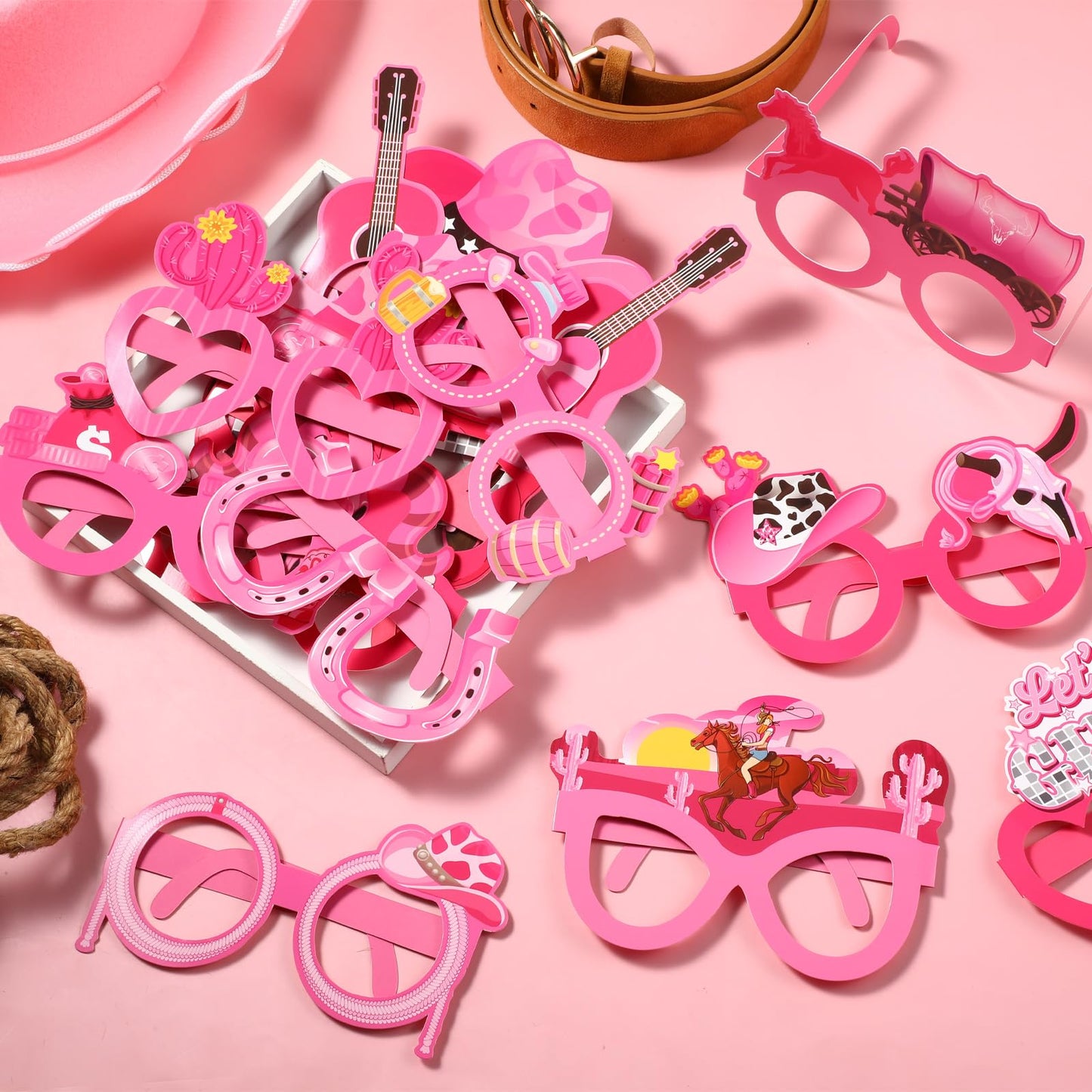 Herdear 32 Pcs Pink Cowgirl Paper Glasses Western Cowgirl Photo Booth Props Let's Go Disco Bachelorette Party Decorations Girls Eyeglasses for Wild West Cowboy Girls Birthday Party Favor Supplies