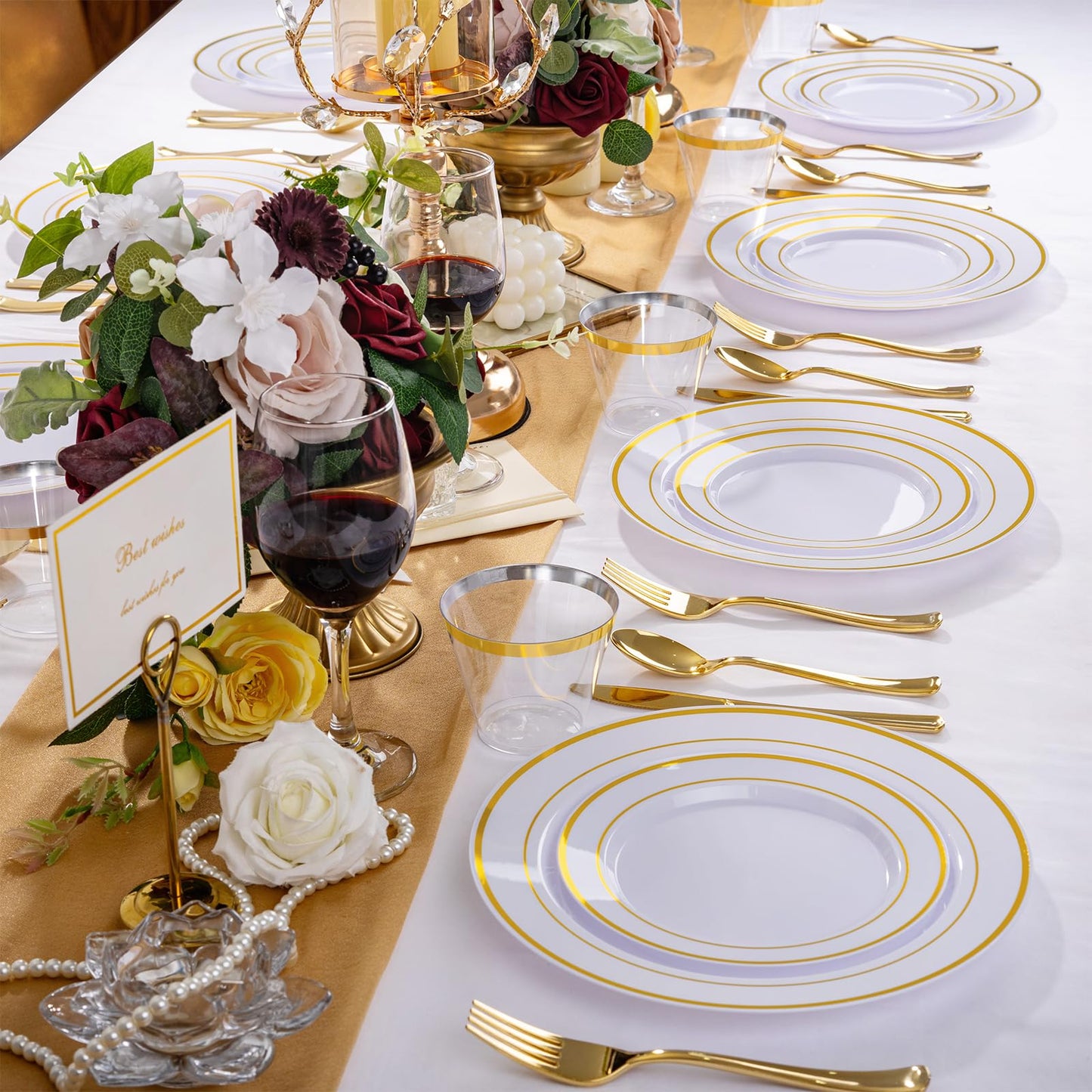 WELLIFE 600 PCS Gold & White Disposable Dinnerware Set for 100 Guests — White Plastic Plates with Gold Rim, Dinner & Salad Plates, Cups, Forks, Knives & Spoons for Weddings & Elegant Events