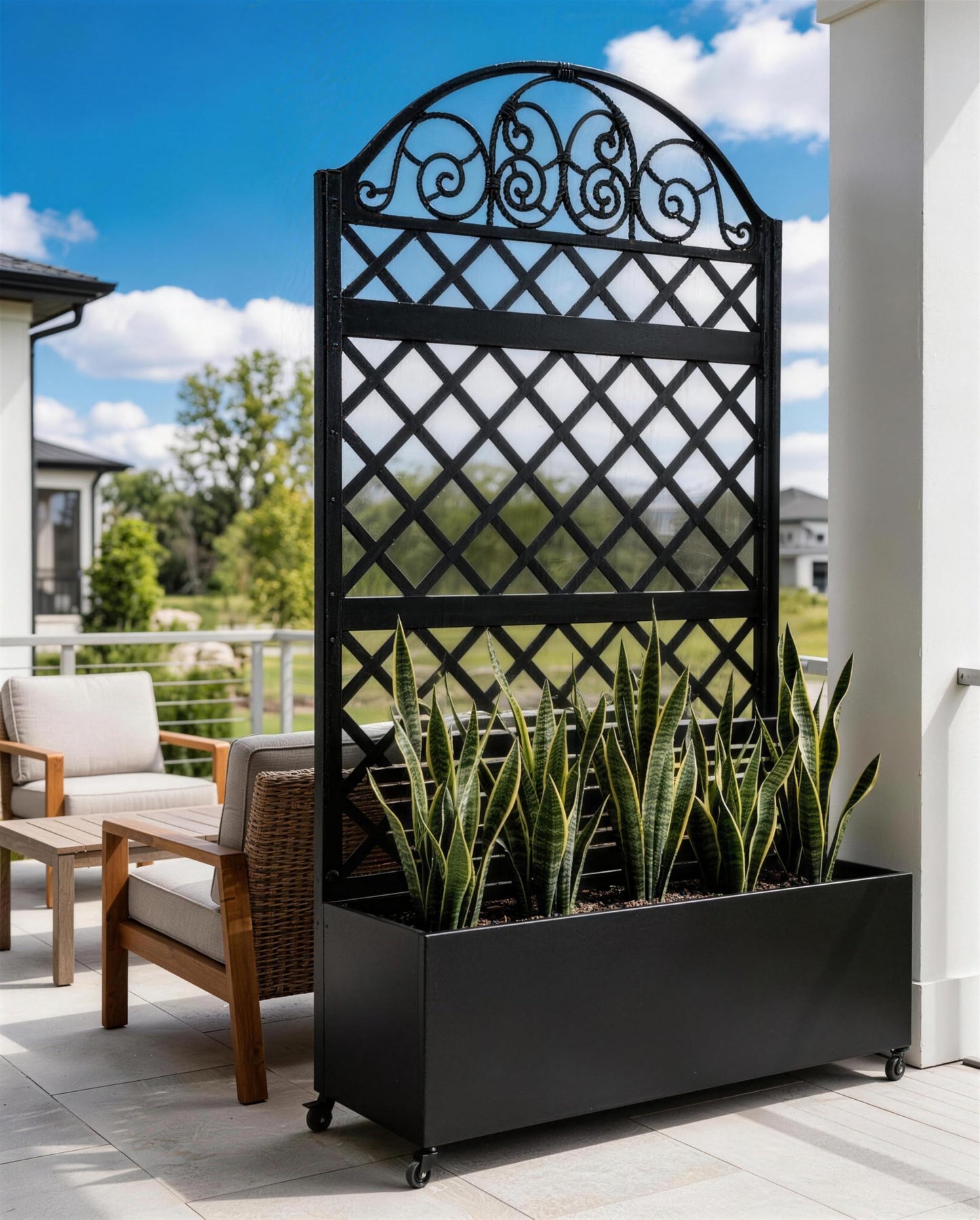 Privacy Planters for Patio, 73" Ornamental Metal Planter Box with Trellis & Locking Wheels, Scrollwork Arch Raised Garden Bed for Climbing Plants Roses Vines, Outdoor Flower Box with Drainage