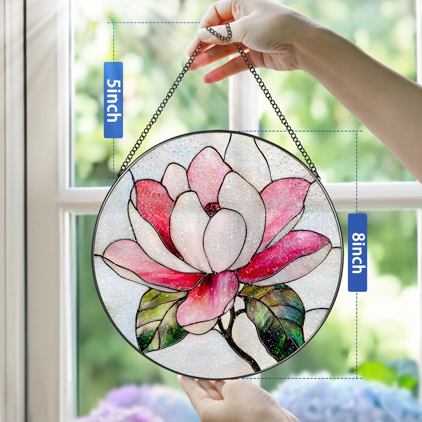 8-Inch Stained Glass Ornament, Stained Glass Window Hanging, Window Hanging Decor Suncatcher, Magnolia Flower Ornament | Holiday, Mother's Day, Birthday | Gifts for Nature and Garden Lovers