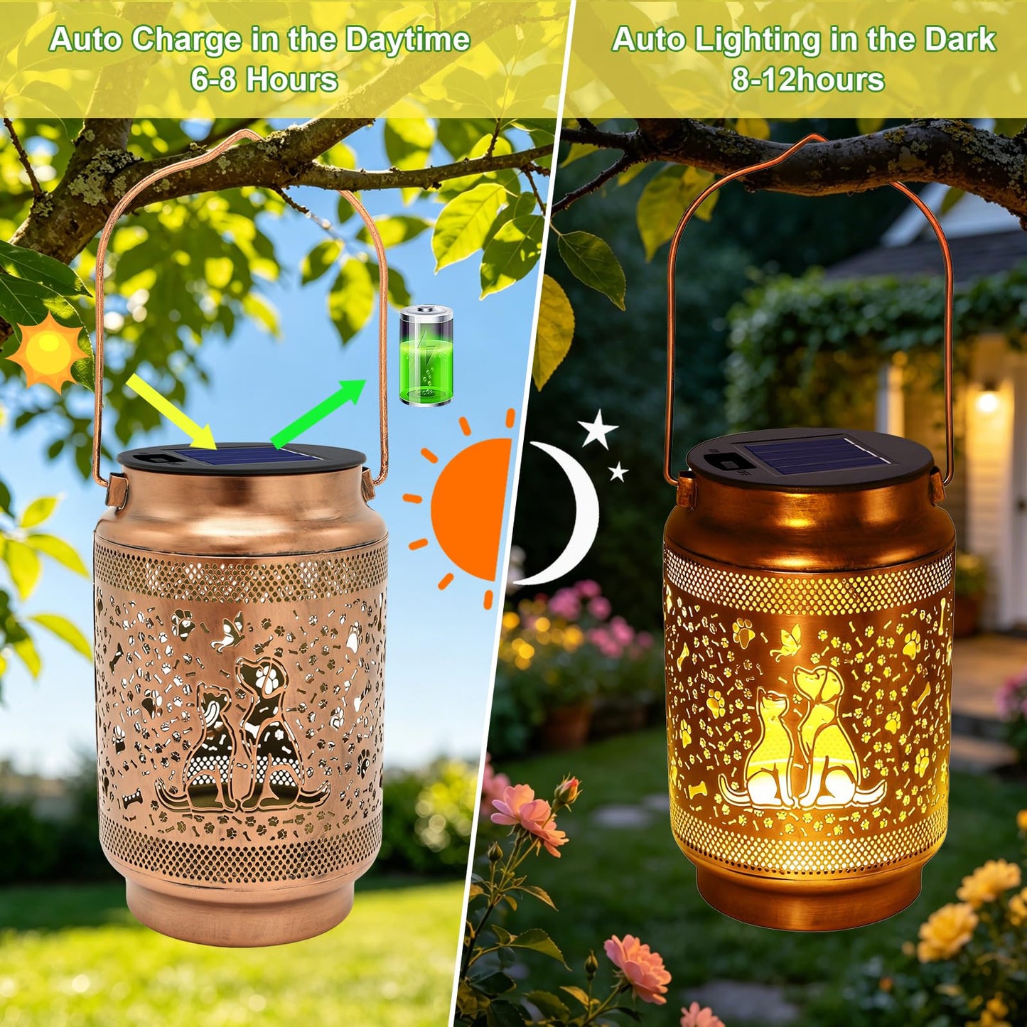 Dog Solar Lanterns Outdoor Waterproof Solar Garden Decor, Birthday Gifts for Mothers Day Women Mom Grandma, Metal Hanging Lights with Shepherd Hook for Outside Yard Patio Pathway Backyard Porch