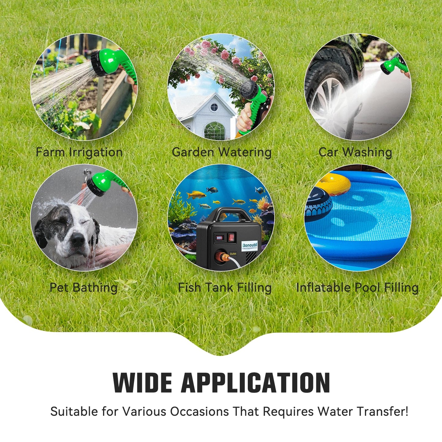 Bonoutil 21V Battery Powered Water Pump 240GPH Cordless Water Transfer Pump Battery Operated with Garden Hose Nozzle 7 Spray Modes for Watering Car Washing Tub Fish Tank Inflatable Pool (2 Sprayers)