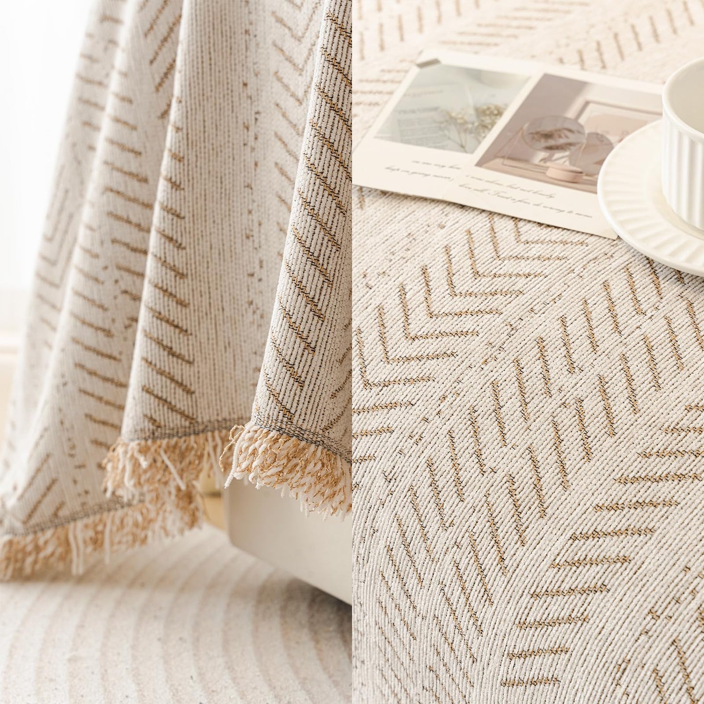 EvaLoome Chenille Sofa Throw Blanket with Herringbone Pattern and Tassel Edges, Thick & Soft Couch Cover, Machine Washable, Anti-Slip, Pet-Friendly, Fits 2/3-Seater (Beige, 71″x134″)