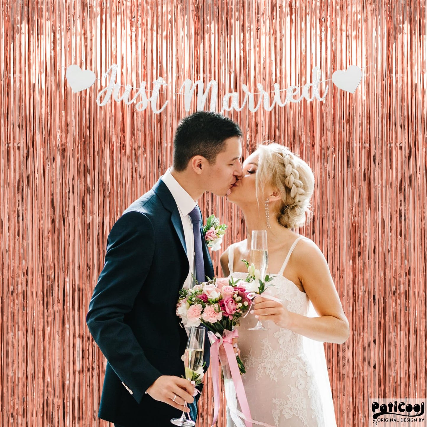 PatiCool Thicken Rose Gold Tinsel Backdrop 2 Pack 3.3 x 6.6 FT, Foil Fringe Curtains, Birthday Decorations for Women Girls, Bachelorette Bridal Shower Decorations