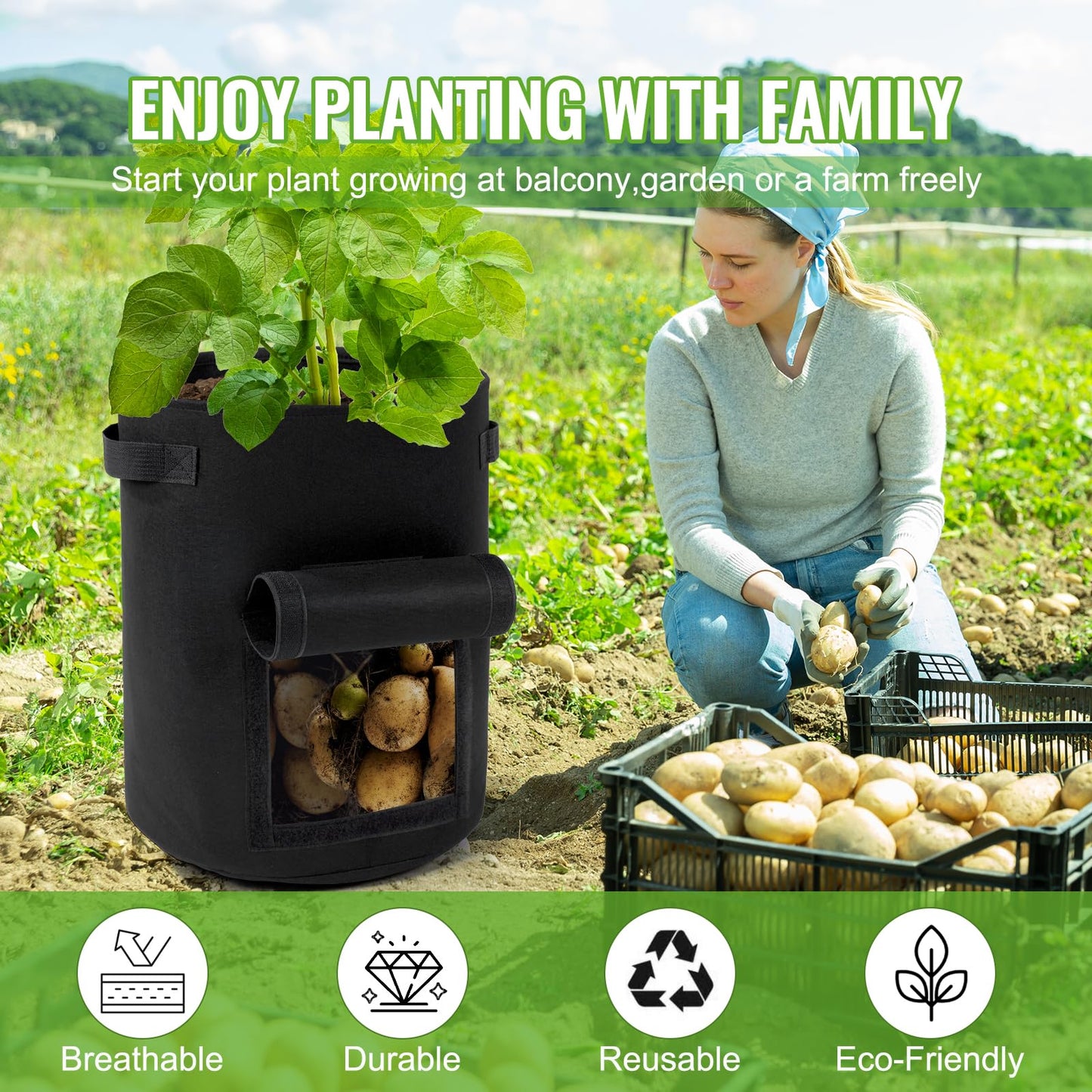 Backyard Expressions 10-Gallon Potato Grow Bags – Set of 4 Fabric Planter Bag with Harvest Window & Handles – Reusable, Breathable, Durable for Vegetables, Herbs & Root Crops