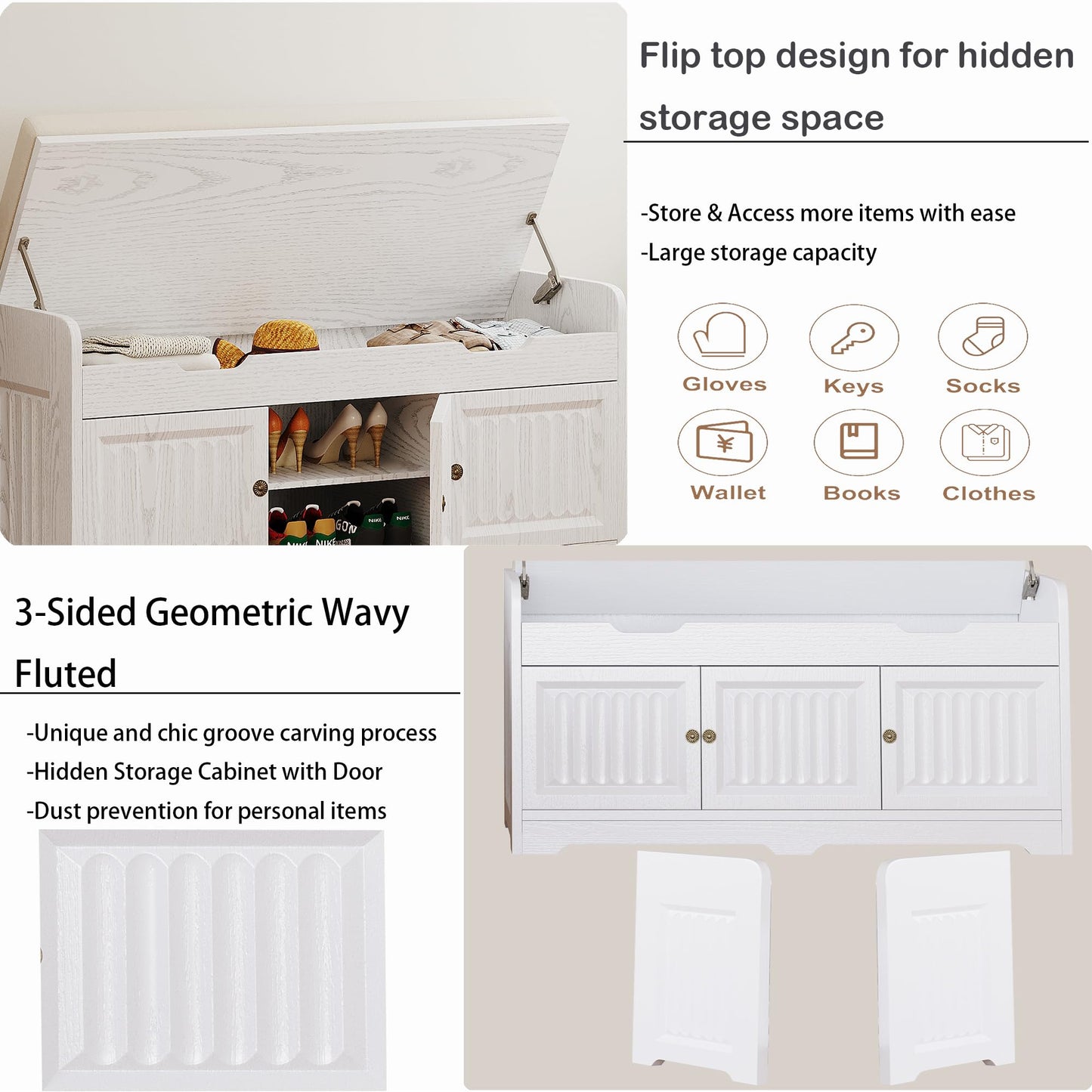 Kogven Shoe Bench,Entryway Storage Bench with Lift Top Cushion Seat & Hidden Space, Bedroom End of Bed Bench with 3-Sided Geometric Wavy Fluted for Hallway, Vintage White