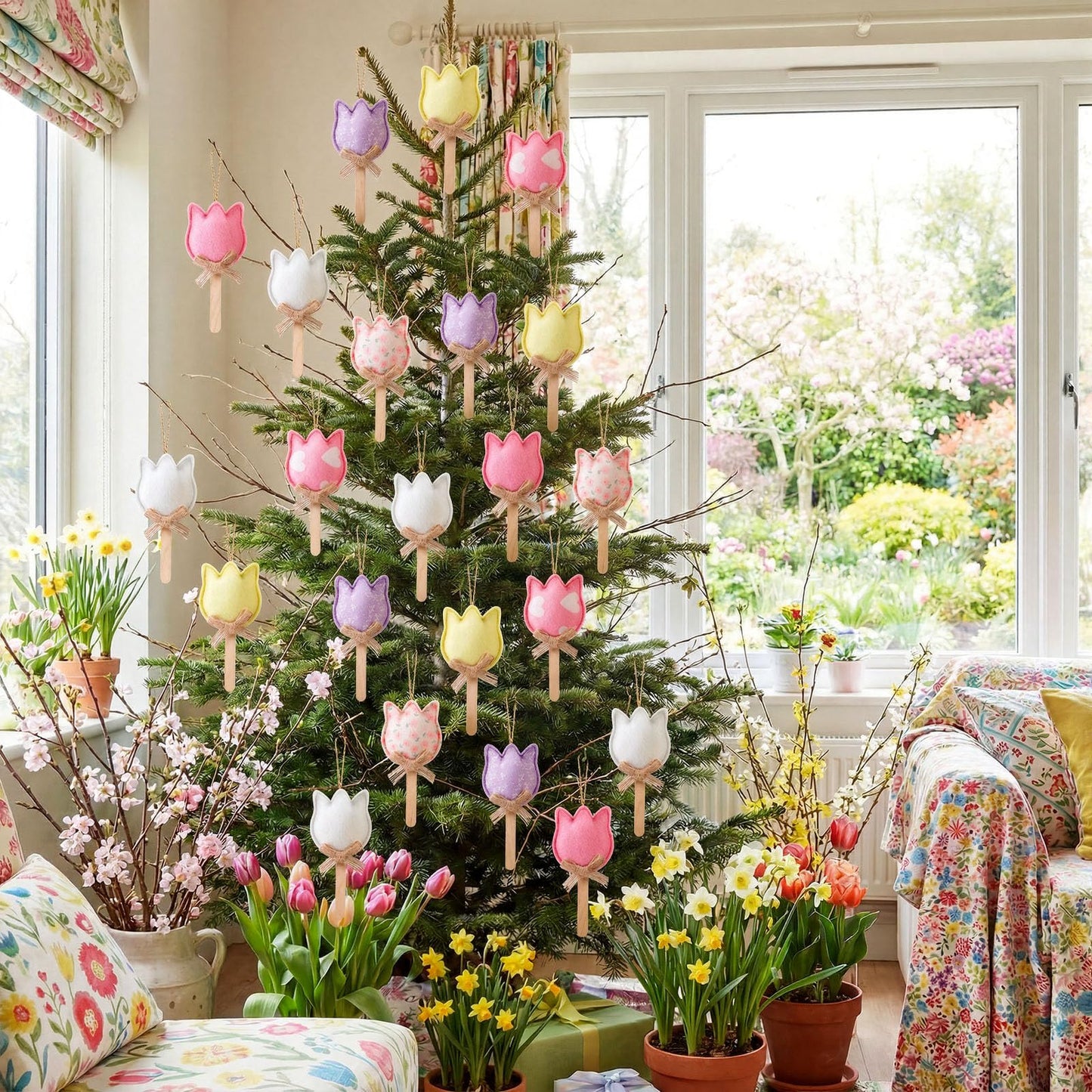 HunnmingRe 18 Pcs Spring Tree Ornaments Felt Tulip Flowers Hanging Spring Ornaments Flower Tree Decorations for Summer Party Home Door Wall Mantel Arts Crafts Gifts