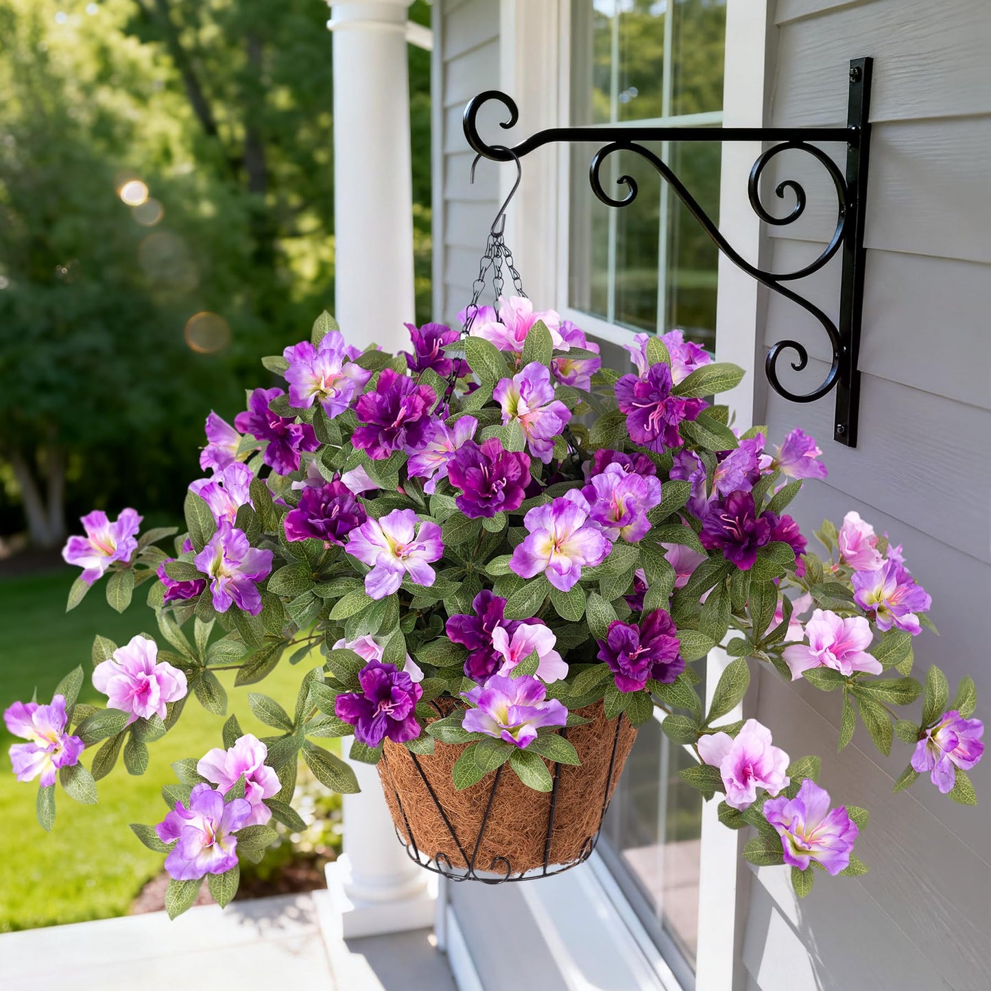 Ammyoo Artificial Hanging Flowers for Outdoors Hanging Baskets, 3 Pcs Fake Silk Flower with Hanging Baskets Planter for Spring Summer Garden Porch Patio Yard Outside Decor