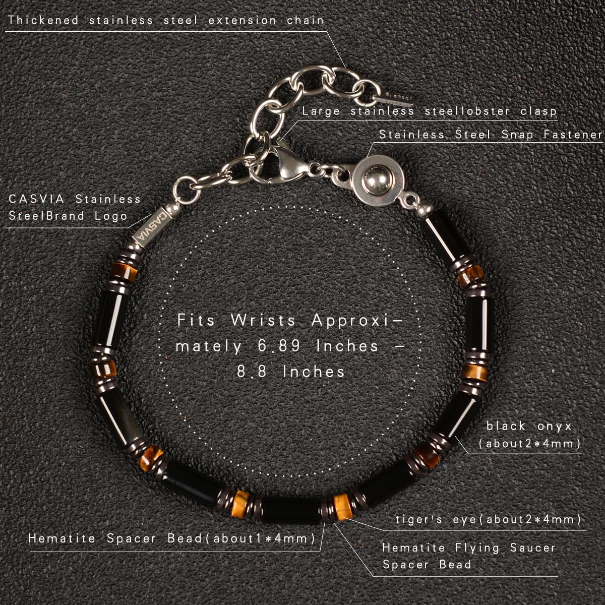 Casvia Men's Black Onyx Hematite Tiger Eye Chakra Beaded Gemstone Bracelet, Handmade Adjustable Dual Clasp 6.89-8.8 Inches, Comfort Fit Everyday Wear, Ideal Gift for Him