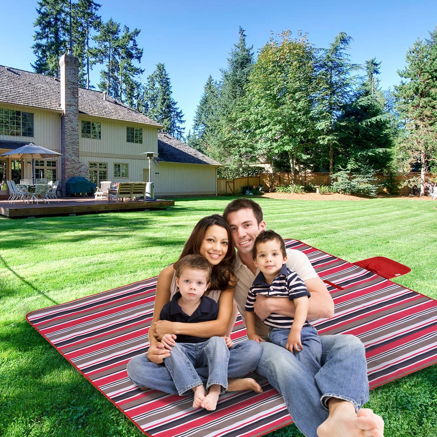 FashionLive Beach Blanket Picnic Mat Sandproof Waterproof Extra Large Outdoor Camping Blanket Foldable Portable Picnic Mat for Travel Hiking Music Festival Park Lawn Grass Red Lines