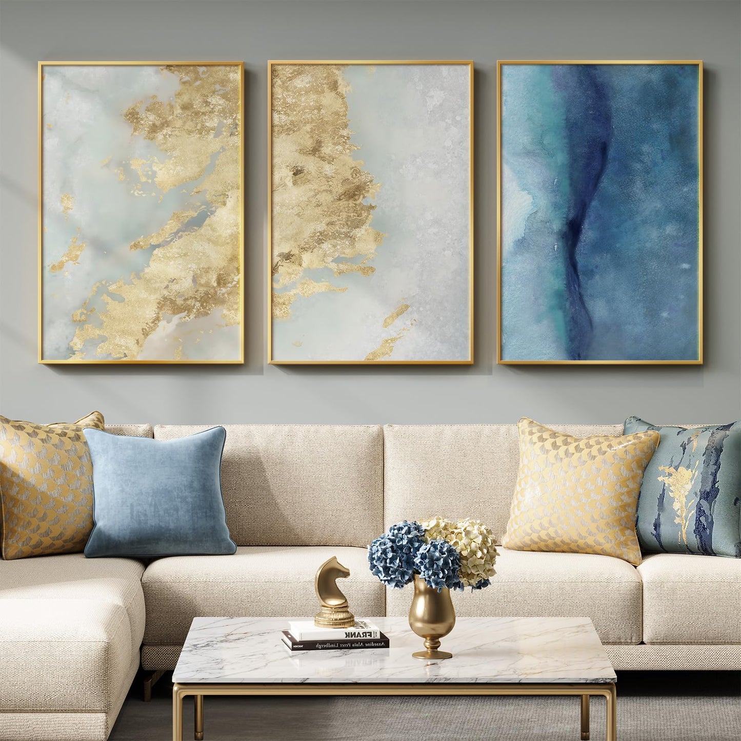 Large Framed Abstract Wall Art for Living Room, Luxury 3 Piece Canvas Blue White and Gold Prints Paintings for Walls, Modern Minimalist Pictures for Dining Bedroom Hallway Office Home Decor 24x36 In