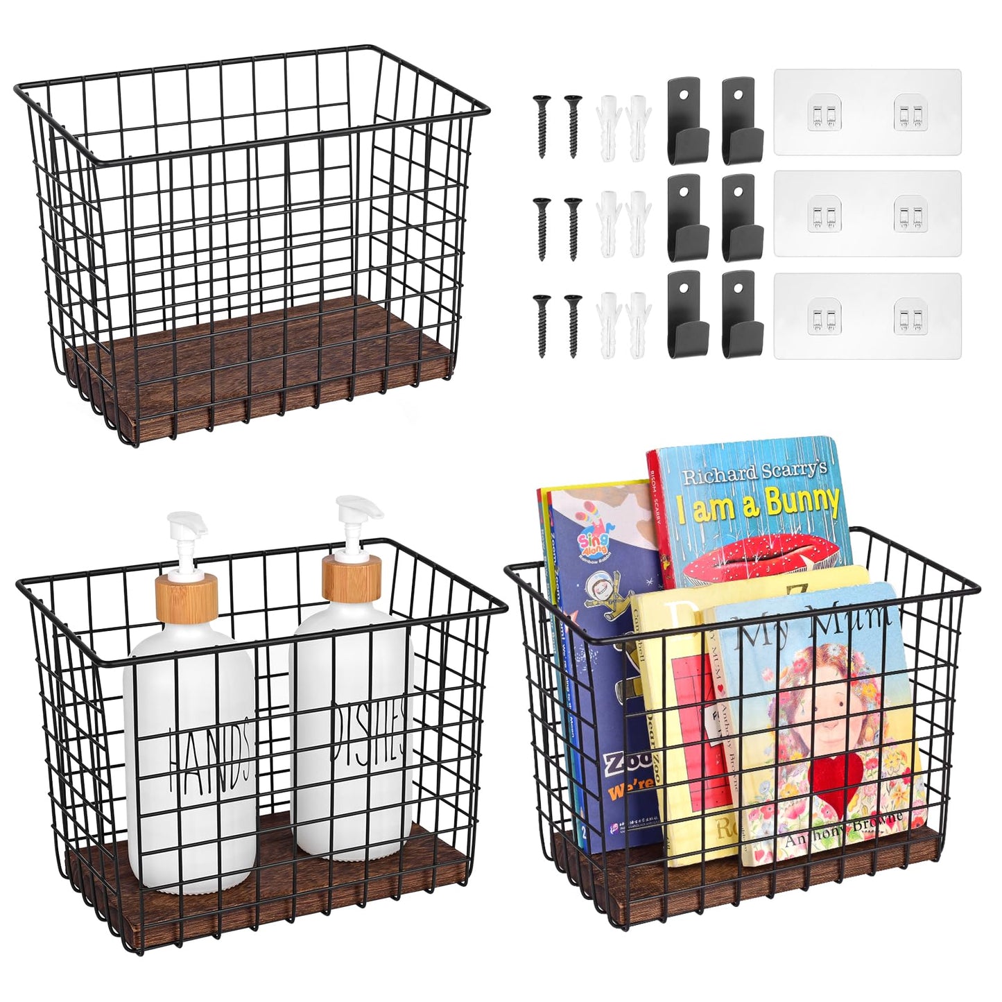 Wall Hanging Baskets 3 Pack, Diversified Wire Basket Shelves of Wooden Style, with Wall Mounted Hooks & Traceless Stickers, for Kitchen Coffee Bar Office Room Garage Storage Organization (Large)