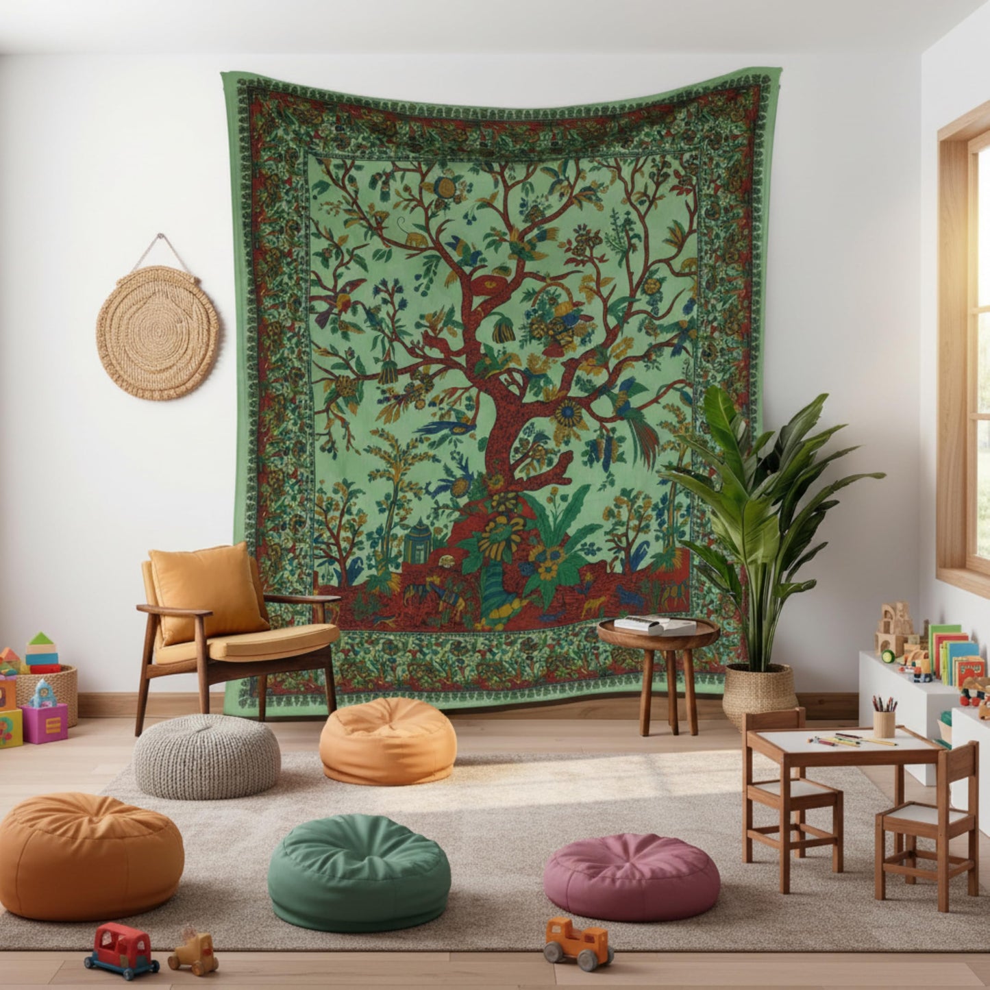 Craft Trade Indian Cotton Mandala Wall Hanging Tree of Life Tapestry for Aesthetic Boho Hippie Living Room, Meditation & Bedroom Décor (Green, 54x84 Inches)