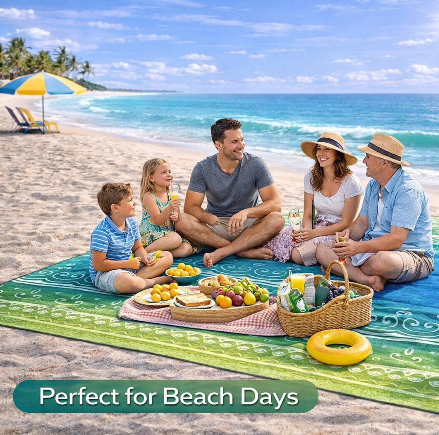 HZJOYUE Oversized Beach Blanket (79" x 79") - Sandproof & Waterproof Outdoor Picnic Mat for 4-7 Adults - Lightweight, Foldable & Portable Ground Cover for Travel, Camping, Festivals