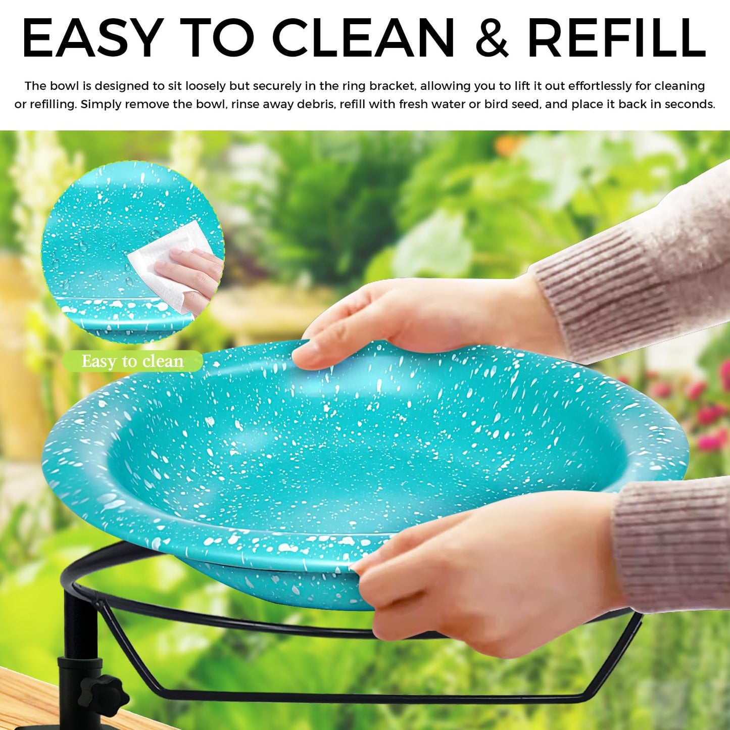 Deck Mounted Bird Bath,Premium Bird Water Feeder Bowl with Adjustable Clamp for Railing–Detachable & Weather Resistant Outdoor Garden Decor 11.5Inch (Sky Blue with White Dots)