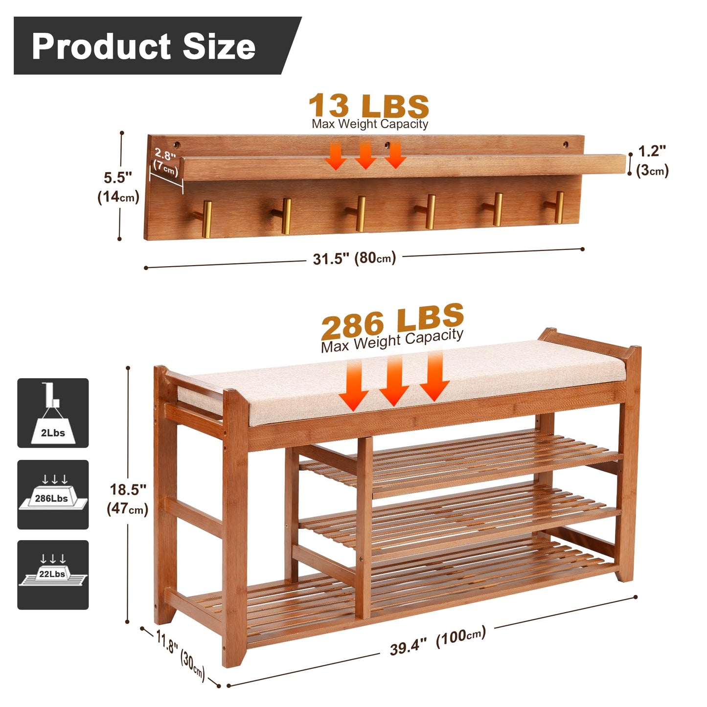 PETKABOO Hall Tree with Bench and Shoe Storage, Coat Rack Shoe Bench Set with Seat Cushion and 6 Hooks for Entryway, Hallway, Living Room and Bedroom
