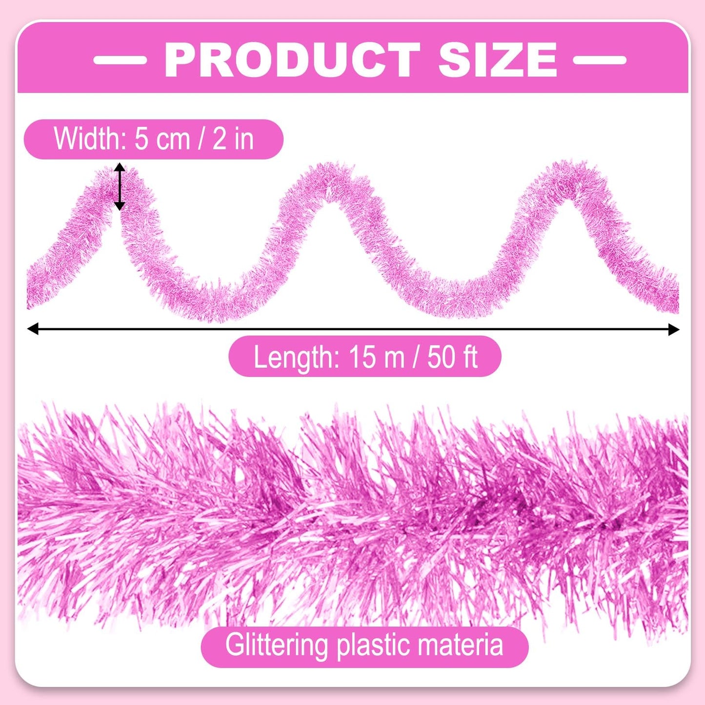 50 Feet Christmas Tinsel Garland, Metallic Twist Garland Wall Hanging Tinsel Garland Backdrop for Parade Floats, Carnival, Birthday, Wedding, New Year Party Decorations (Macaron Pink, 2in x 50ft)